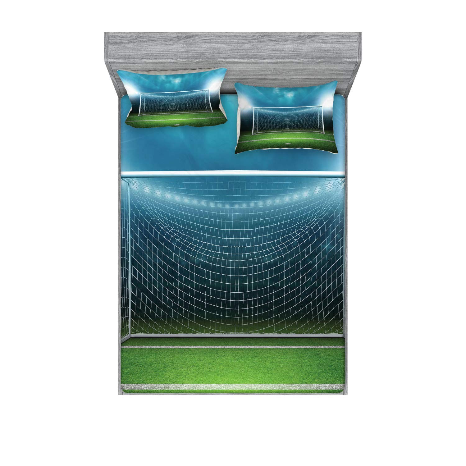 Ambesonne Soccer Fitted Sheet & Pillow Sham Set, Soccer Goal Post Sports Area Winner Loser Line Floodlit Best Team Finals Game Theme, Decorative Printed 3 Piece Bedding Decor Set, Calking, Aqua Green