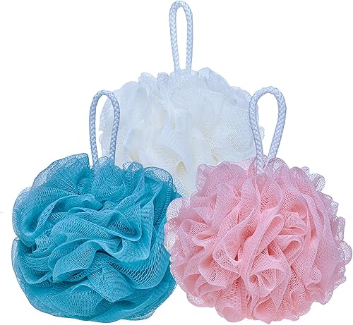 LISSOMPLUME Esponja de baño de malla para lufa, trío rosa, blanco, azul, espuma rica, exfoliante, puf de ducha, paquete de 3