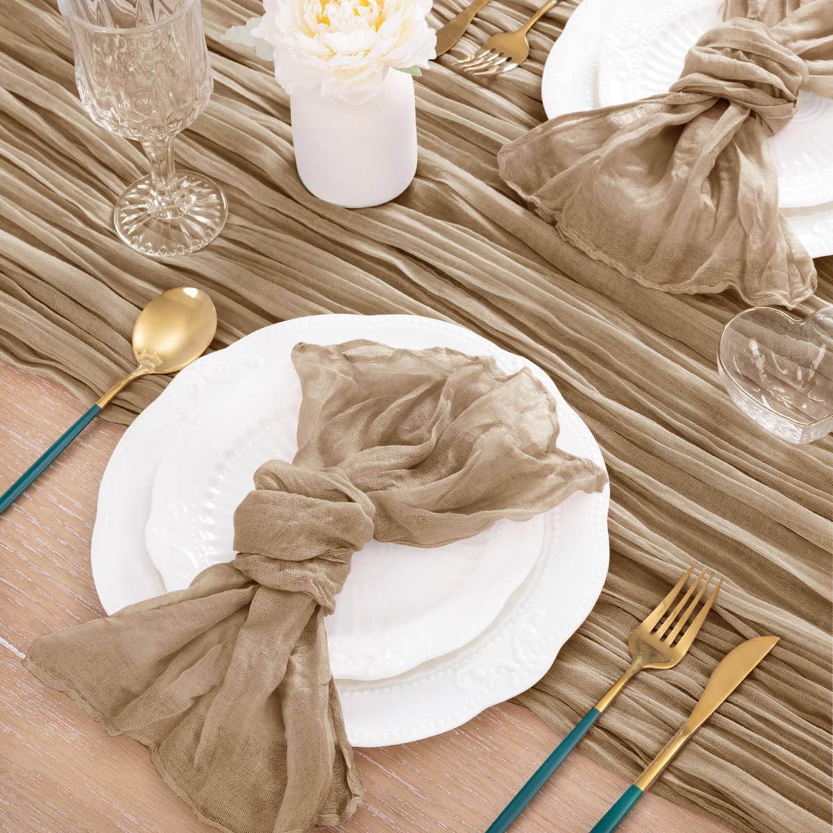 MLMC Seihtuch-Tischläufer, Boho, rustikal, Gaze, Taupe, Käsetuch, neutrale Dekoration, 89 x 305 cm, für Empfang, Hochzeit, Brautparty, Party, Dekoration, 12 Stück