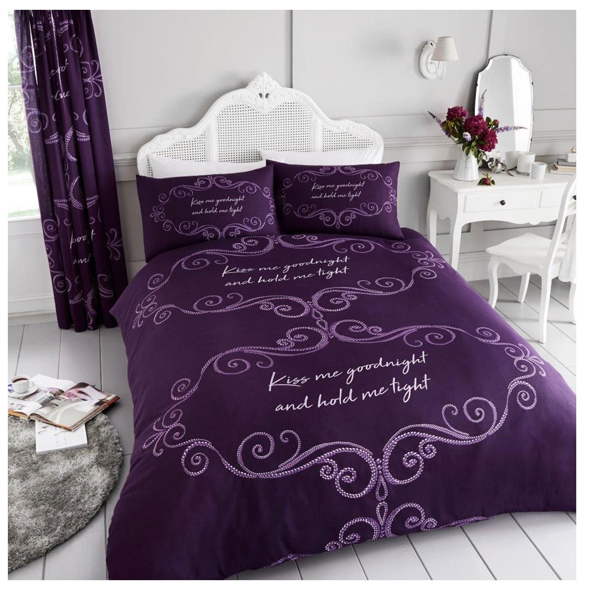 GC GAVENO CAVAILIA Damask Double Bedding Sets, Polycotton Duvet Cover, Warm & Cosy Printed Quilt Set, Purple