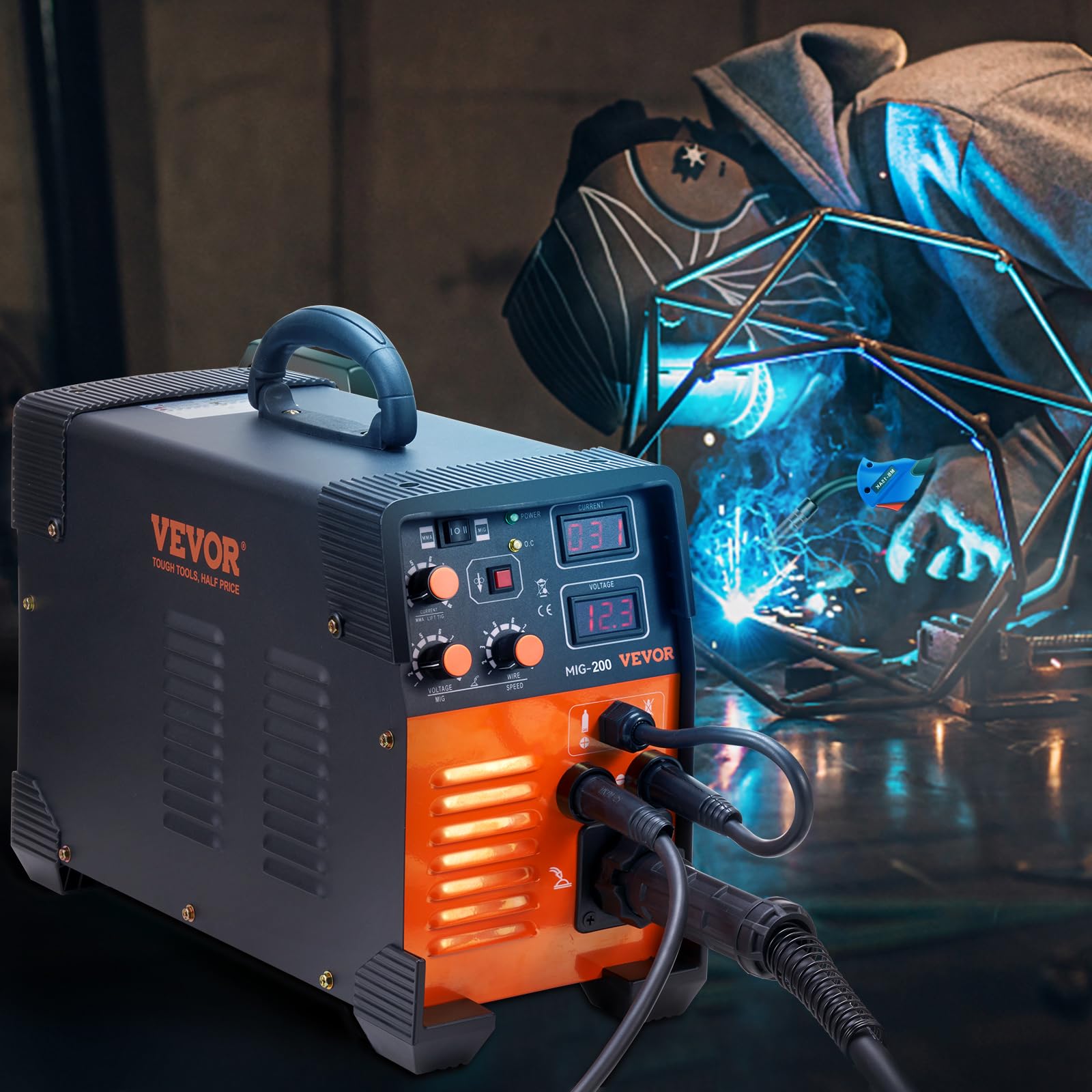VEVOR Spawarka MIG/MMA/TIG 3 w 1 30-200 A, spawanie drutem wypełniającym (0,6 mm, 0,8 mm i 1 mm), technologia IGBT 2,2-12 m/min, prędkość drutu 200 A przy 60% znamionowym cyklu pracy, stopień ochrony