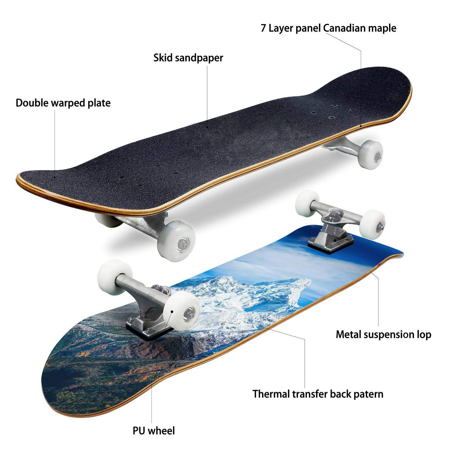 Skateboards Snowy Mountain Peak Soaring Over Forest ravines Banner Panorama Classic Concave Skateboard Cool Stuff Teen Gifts Longboard Extreme Sports for Beginners and Professionals
