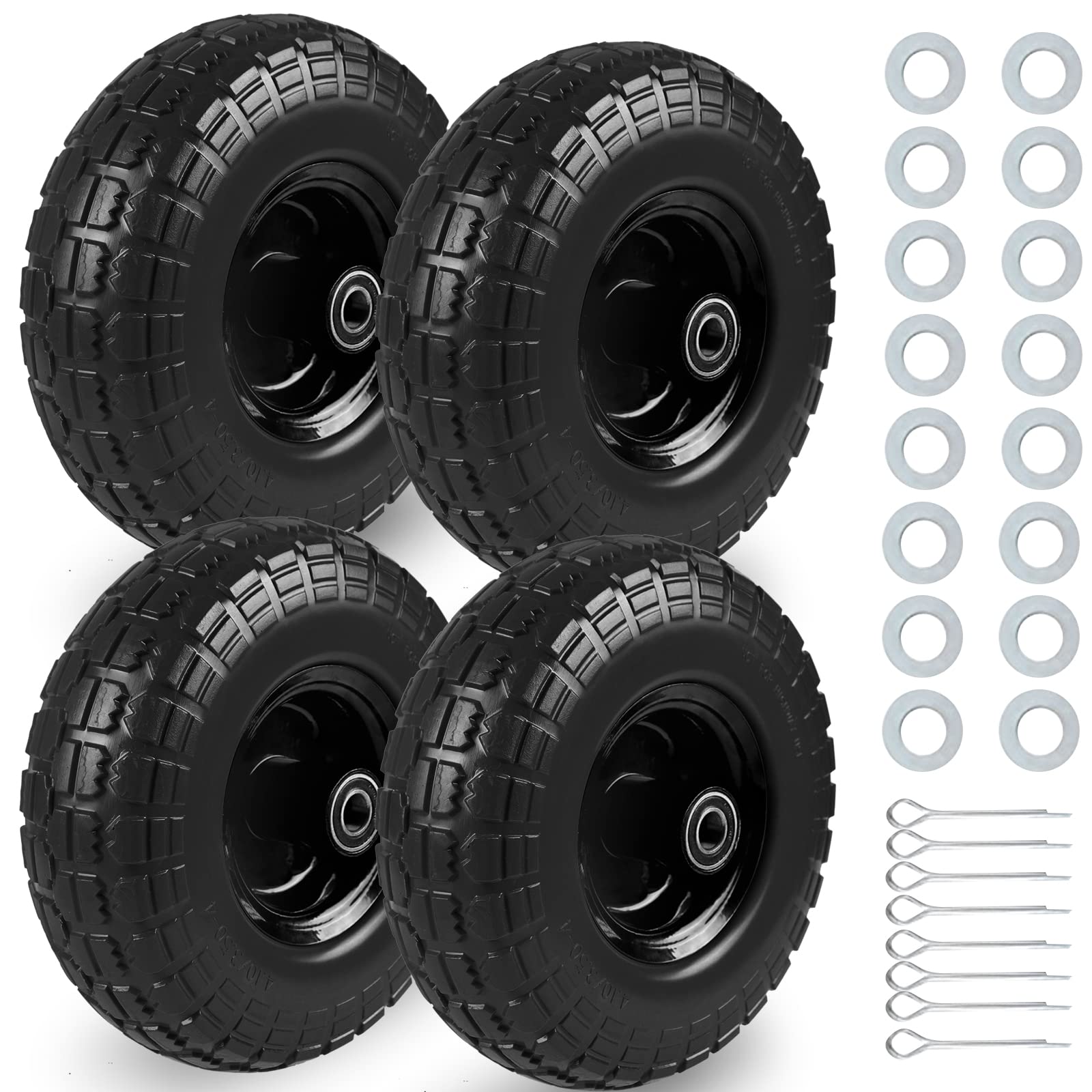 10" Solid Flat Free Tires and Wheels 4 Pcs, 4.10/3.50-4 Rubber Tire Replacement with 5/8” Axle Bore Hole & Black Hub, Airless Wheel for Hand Truck/Trolley/Garden Cart/Lawn Mower/Wheelbarrow, Black
