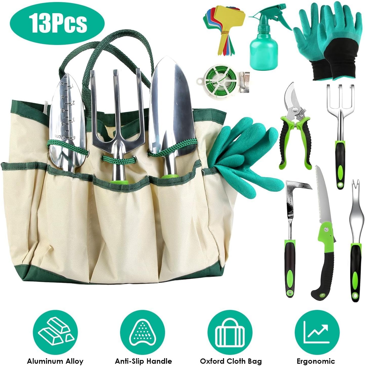 Heavy Duty Aluminum Alloy Garden Tools Set - 13Pcs Rustproof Gardening Hand Kit with Ergonomic Handle, Includes Storage Tote Bag, Pruning Shears, Trowel for Outdoor Planting