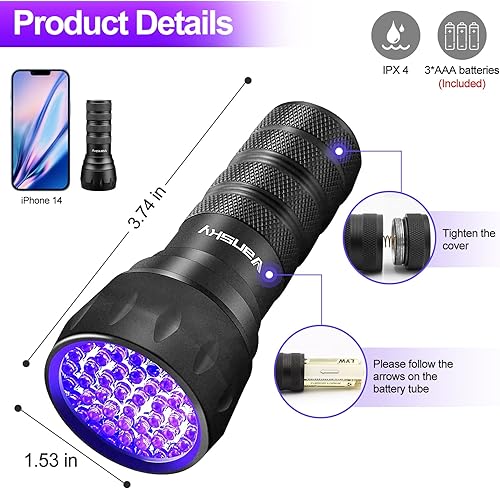 Miniatura 8 de Linterna de luz ultravioleta de luz negra, 21 LED de 395 nm, mini detector de orina de mascotas para perros y gatos, manchas secas, curado