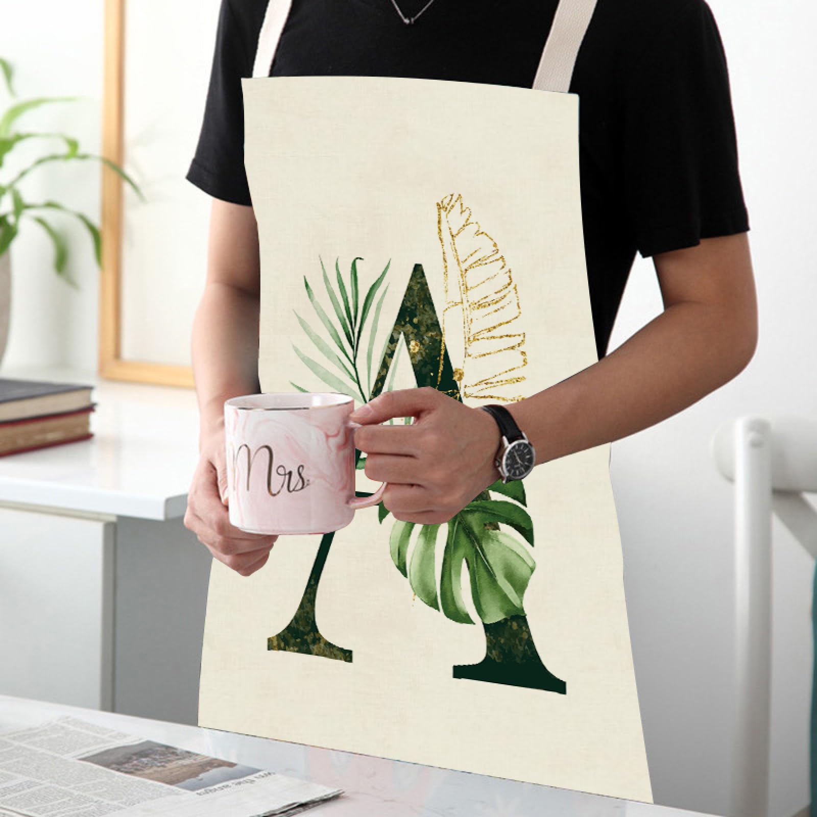 Delantal De Lino Sin Mangas Delantal Con Estampado De Letras De Hoja Verde Cocina Impermeable Resistente A Las Manchas Delantal Mujeres Hombres Delantal De Cocina Para Hornear Delantal De Limpiez