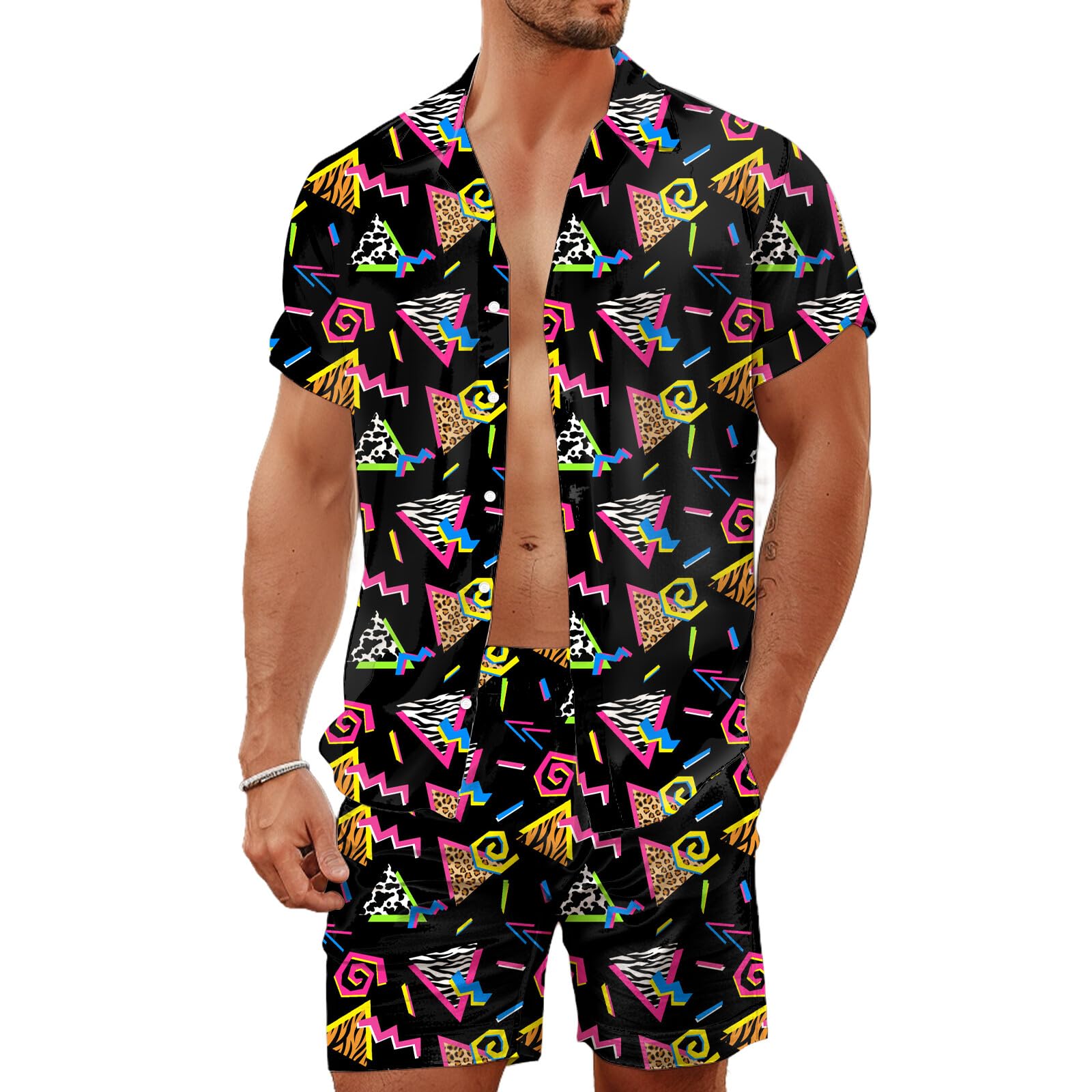Men's 80s 90s Neon Hawaiian Shirt Rave Disco Glow Party Sets