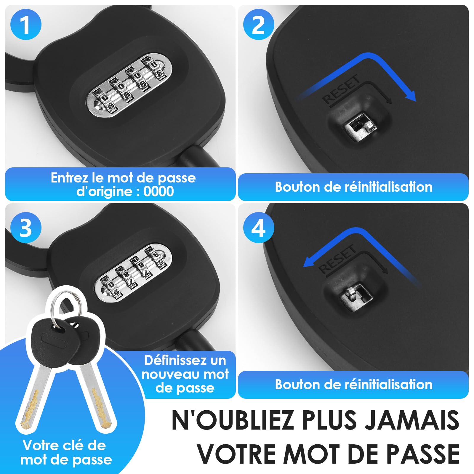 Antivol Trotinette Electrique avec Serrure à Code à 4 Chiffres, 150cm Cadenas Trotinette Electrique avec Sac de 4L, 12mm Antivol Velo, Chaine Antivol pour Trottinettes, Vélos, Poussettes