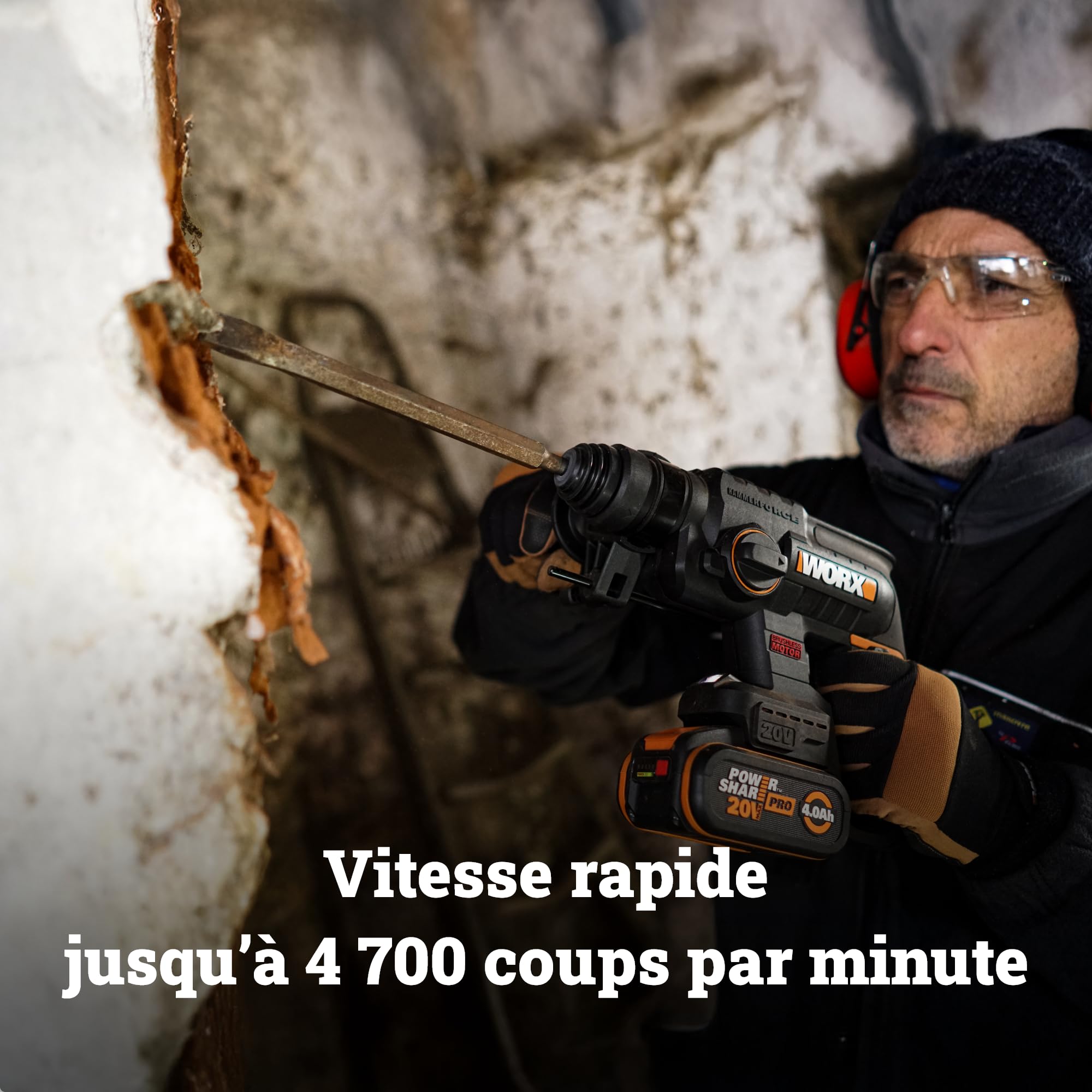 WORX Perforateur sans fil Brushless 20V WX381, 2J, 3 en 1, Perçage, Percussion, Burinage dans tous les matériaux, antivibrations, livré avec 1 Batterie 4Ah, Chargeur et Accessoires