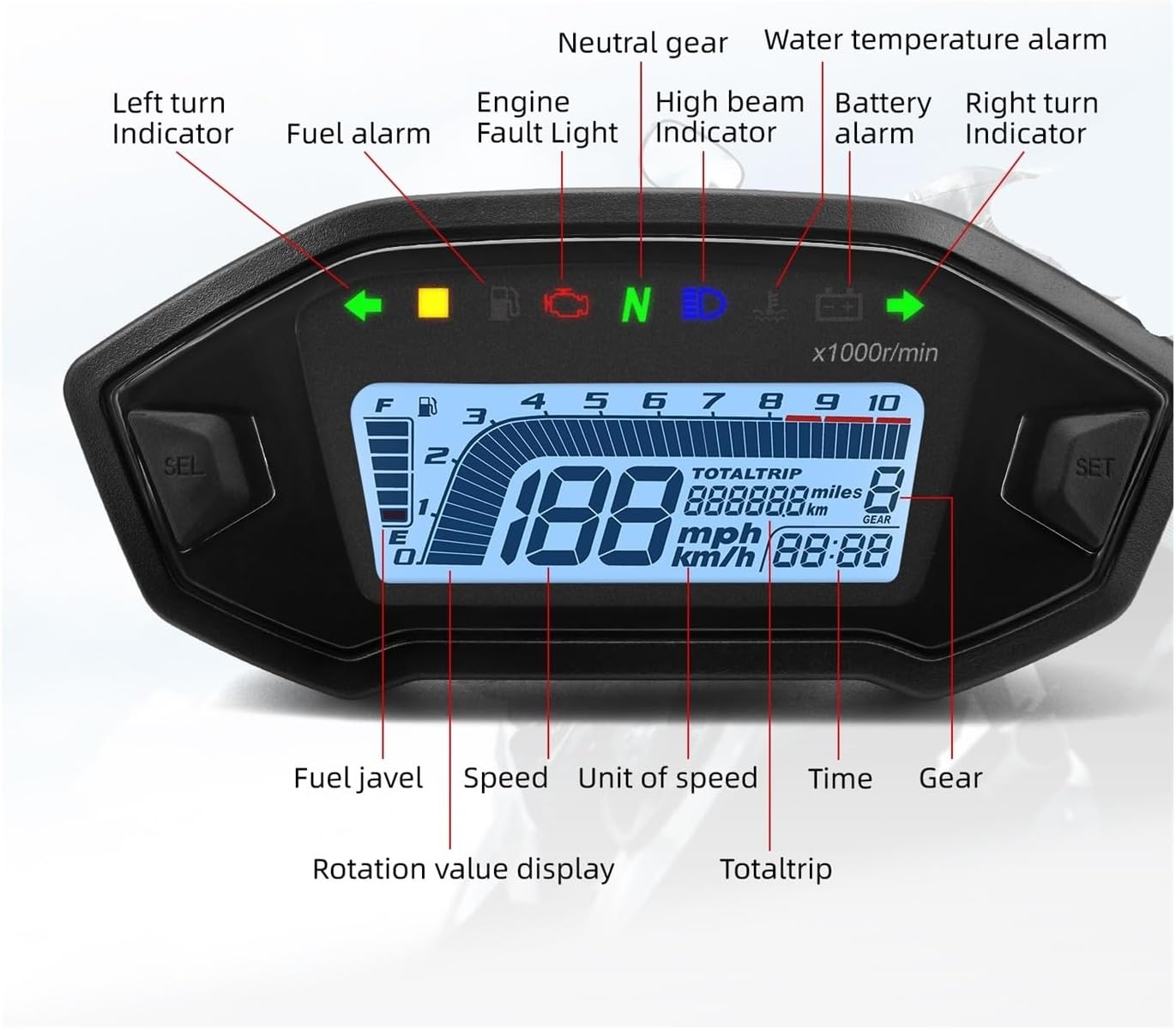 Motorcycle Speedometer Universal Motorcycle Adjustable Tachometer 10000RPM Odemeter Tachometer Tachometer Odometer Instrument Panel