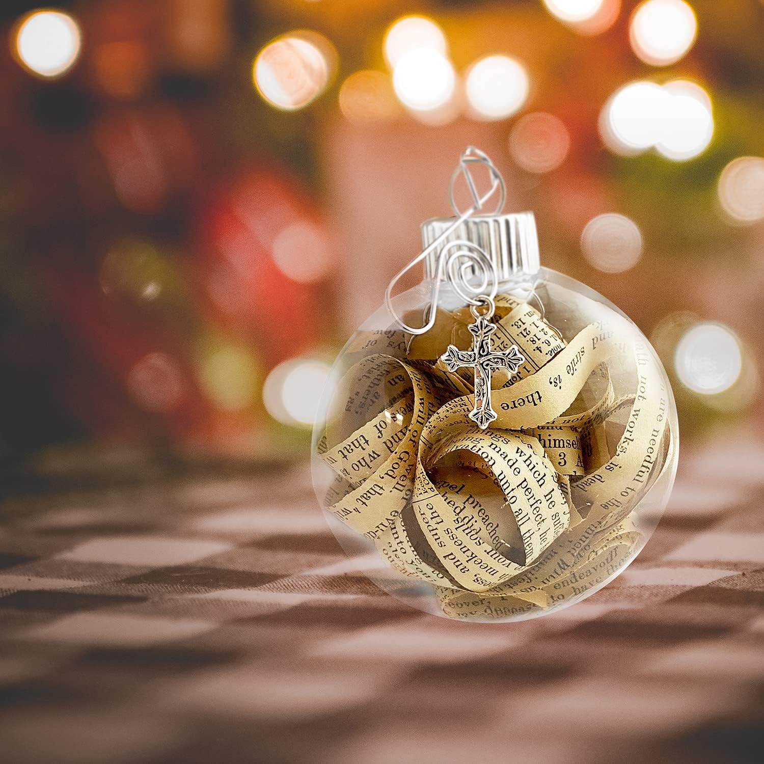 Religious Rescued Antique Bible Pages Verses Strips Hanging Christmas Tree Ornament Beautiful Cross Charm Hanger and Faith Quote Card Shatterproof Round Disc for Best View - Image 3