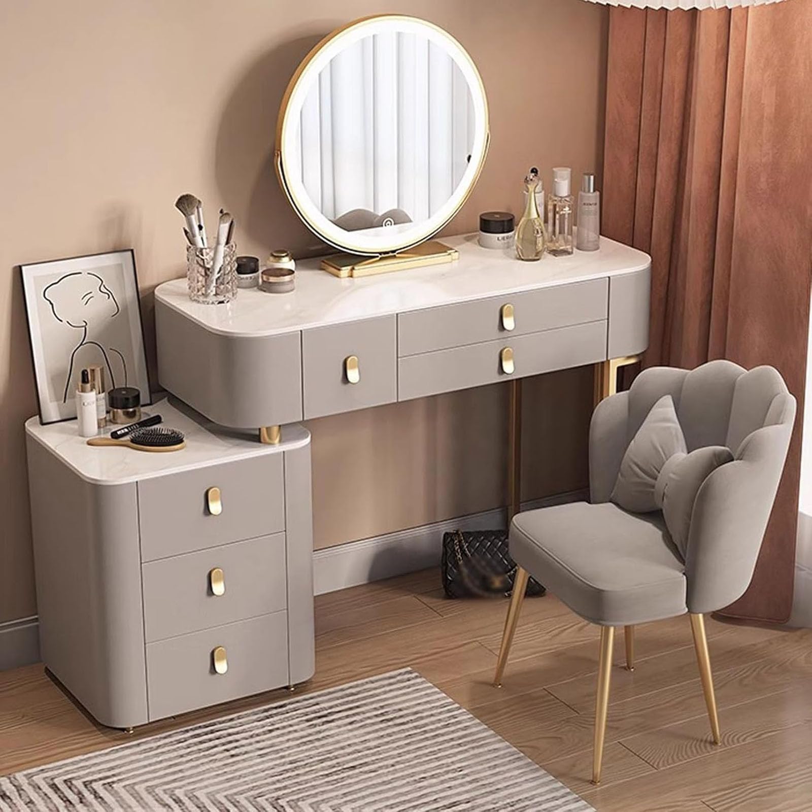 Tocador con luz LED con silla, espejo cosmético y armario lateral, 6 cajones, ideal para regalo para hija y esposa