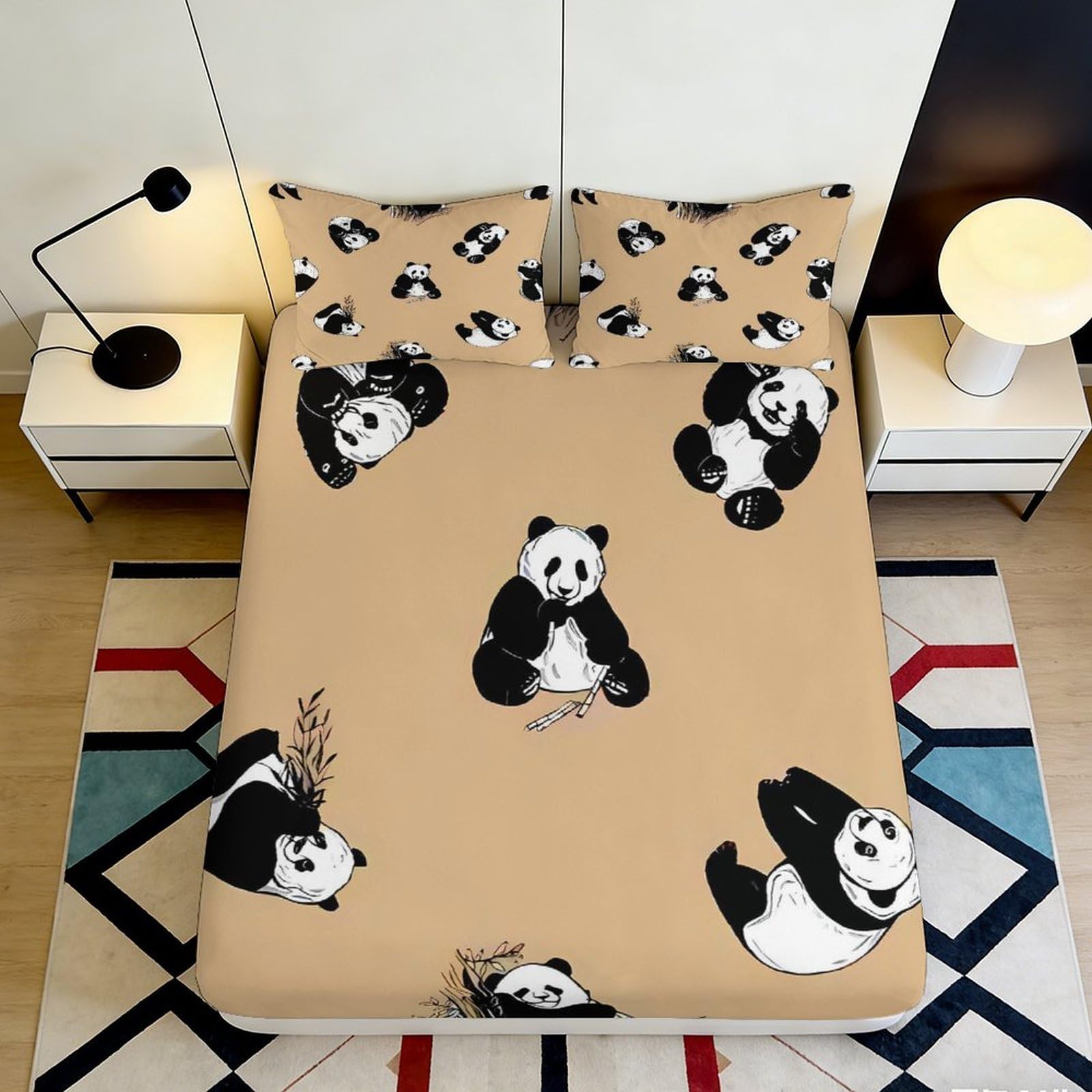3D Printed Panda Bamboo Fitted Sheet Microfiber Soft Non-Slip Mattress Cover for Bedroom Dorm Youth Easy Care Beige 180x200x25cm
