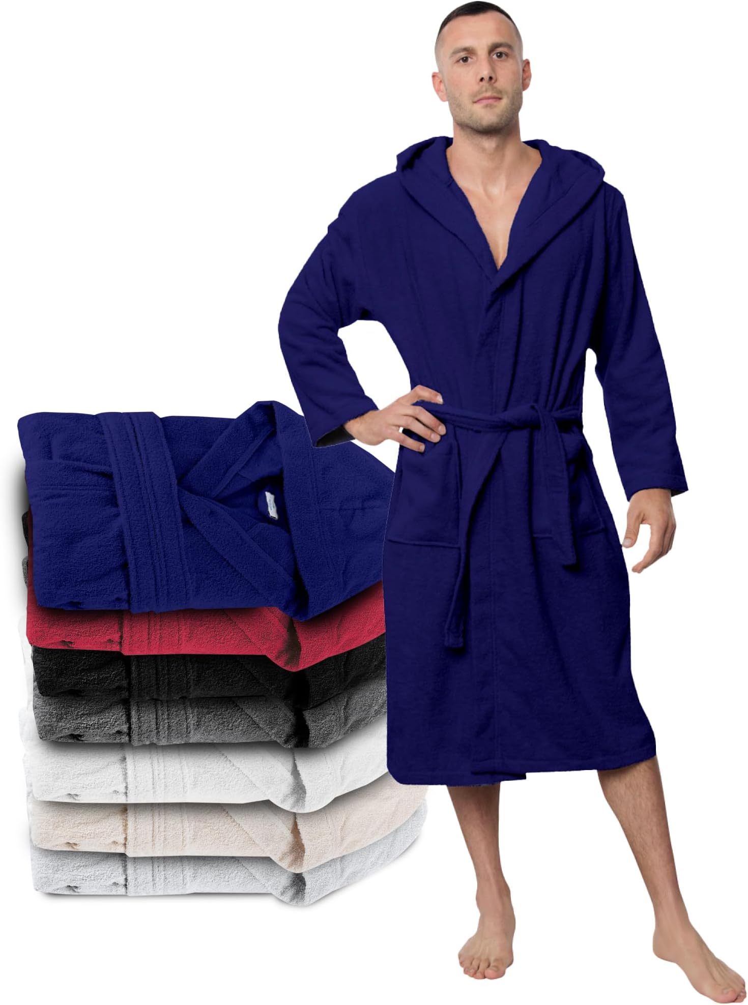 Men's Bathrobe, Dressing Gown 100% Cotton (350 g/m²) Oeko-Tex® Certified, Bathrobe with Hood, 2 Pockets, Belt
