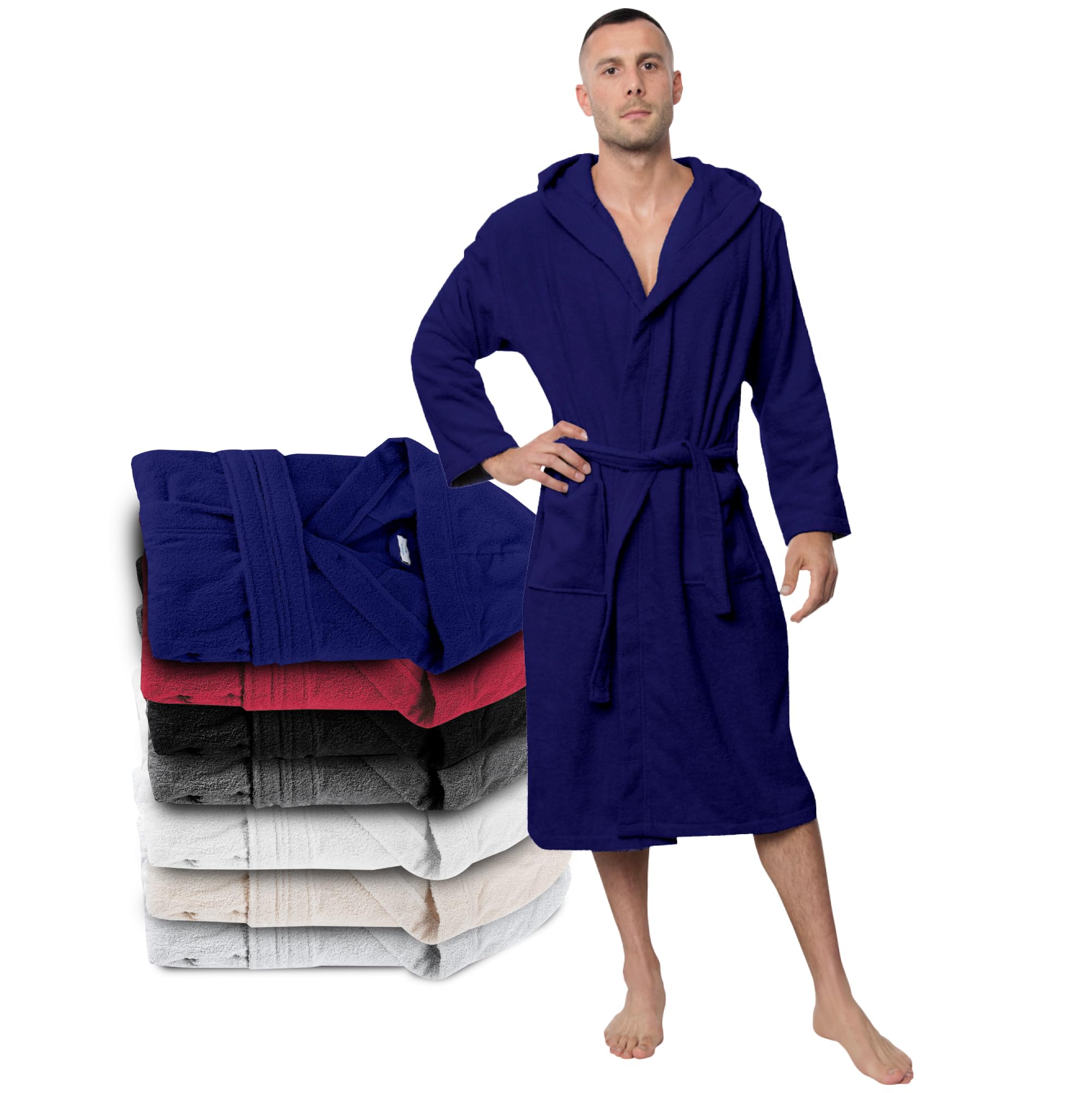 Twinzen Men's Dark Blue Bathrobe 100% Cotton Oeko-Tex Certified - Xxl - Premium Dressing Gown Absorbent Towelling With Hood, 2 Pockets, Belt