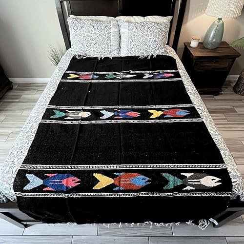 Miniatura 3 de Manta de yoga mexicana gruesa de carbónnegrogris, diseño de pez serape, hecha a mano