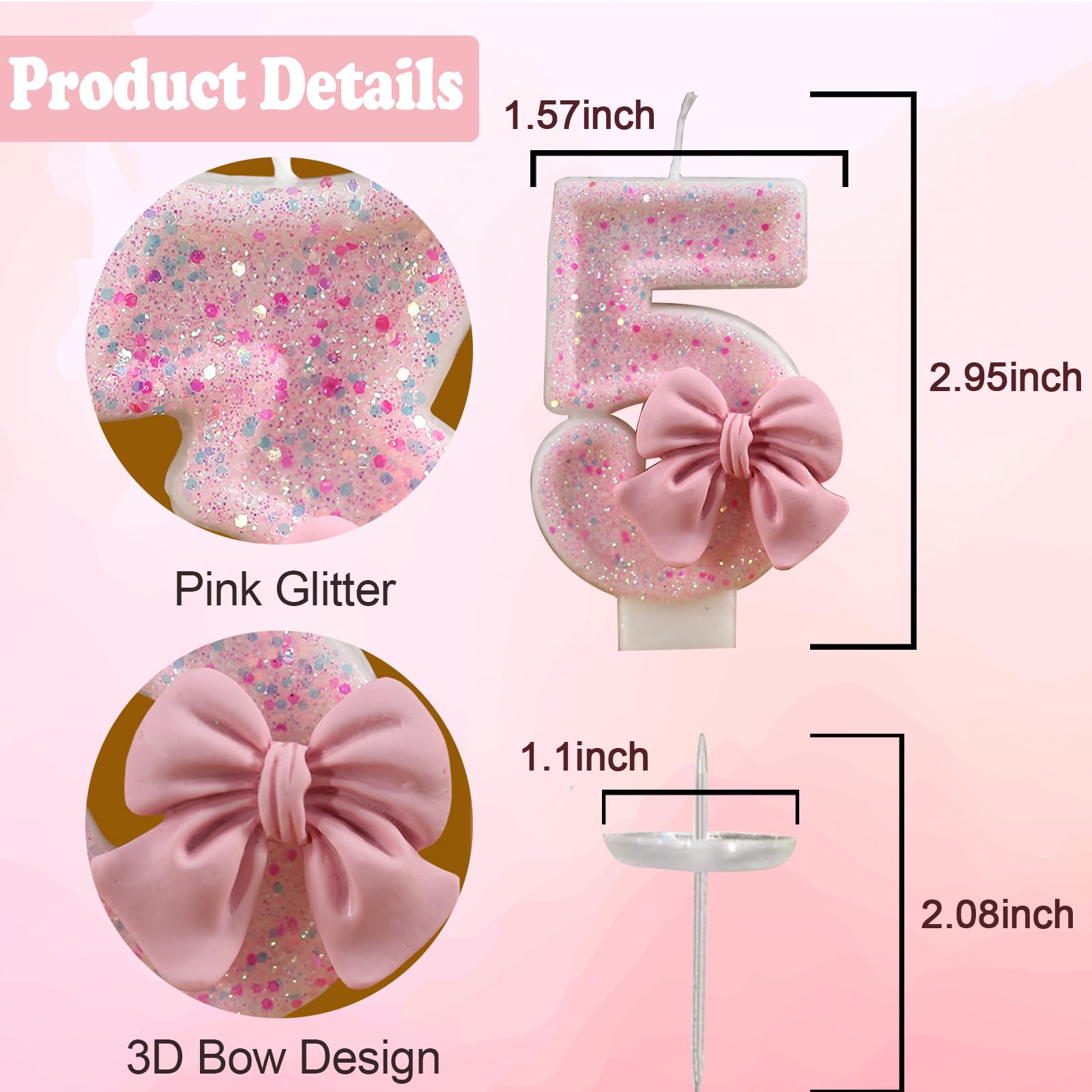 Pink Glitter Number Candles – 0-9 Bow Decorated Cake Toppers, 2.95 Inch Tall, For Birthdays
