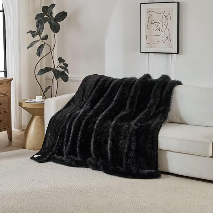 Luxury Fluffy Faux Fur Throw Blanket,Thick Fluffy Fuzzy Cozy Blanket,Plush Blankets for Couch, Sofa, Chair, Bed-Black,50x60