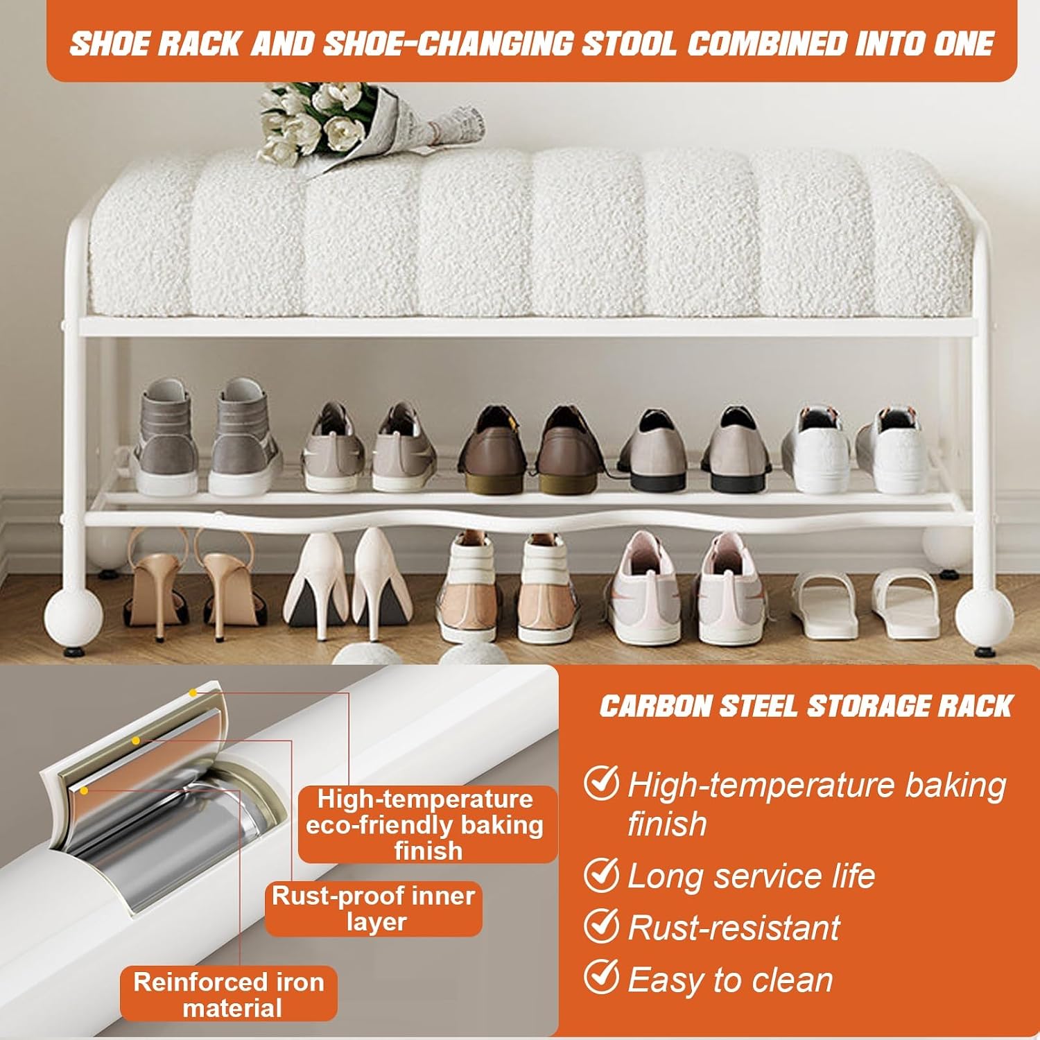 Entryway Shoe Rack with Cushioned Seat, Boucle Upholstered Entryway Bench, Shoe Rack Bench Storage Organizer with Metal Mesh Shelves for Hallway, Foyer, Living Room, Bedroom(White+Brown,23.6in)