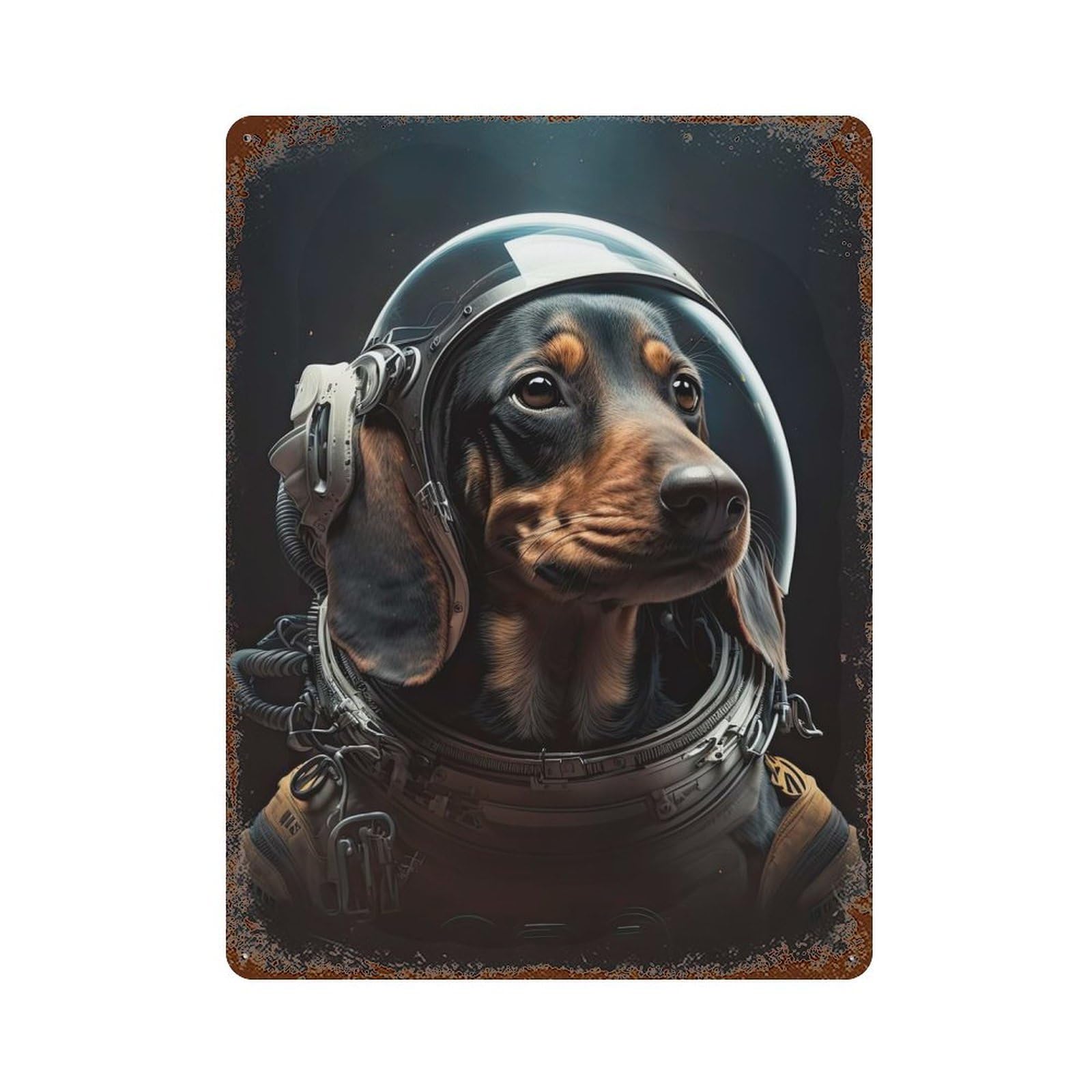 Rust Effect Dachshund Astronaut Decorative Tin Sign 15.7"x11.8", Vintage Wall Decor for Farmhouse, Kitchen And Entryway Decor