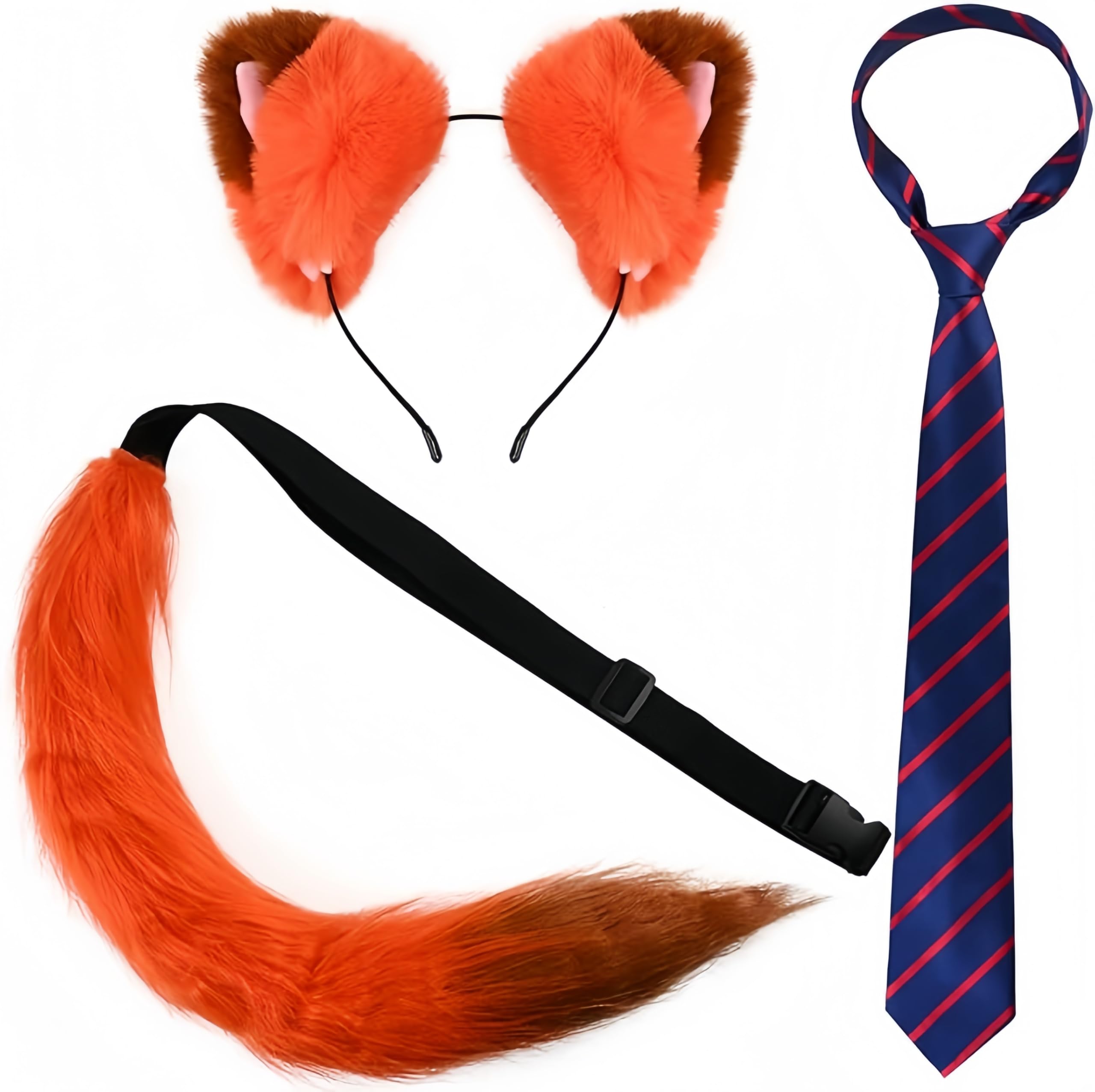 Bofeiya 3Pcs Halloween Fox Cosplay Accessories Set Include Fox Ears Headband Tail Striped Tie for Adults Cosplay Party Accessories Supplies