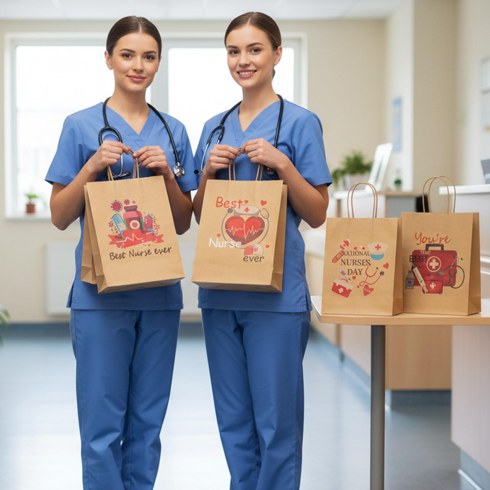 Nurse Gift Bag, 12 Pack Nurse Kraft Paper Treat Bags Nurses Week Gift Wrap Bags Healthcare Worker Goodie Bags Medical Assistant Gifts Bags with Handles for Nursing Day Medical Staff Gifts Supplies