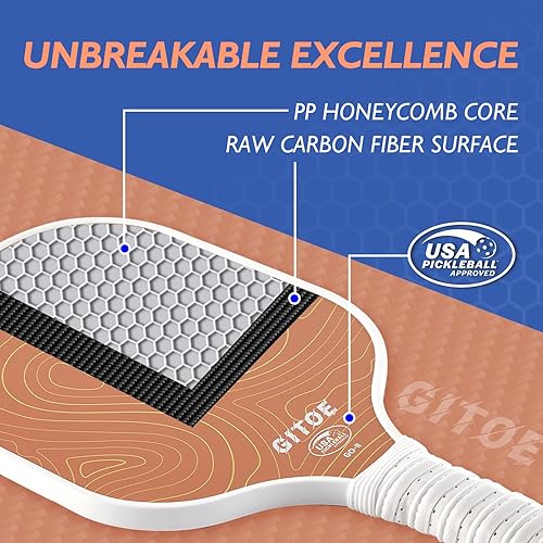 Miniatura 10 de GITOE Paleta de pickleball, fibra de carbono ligera, raqueta individual aprobada por USAPA, núcleo de panal de polipropileno, agarre cómodo y