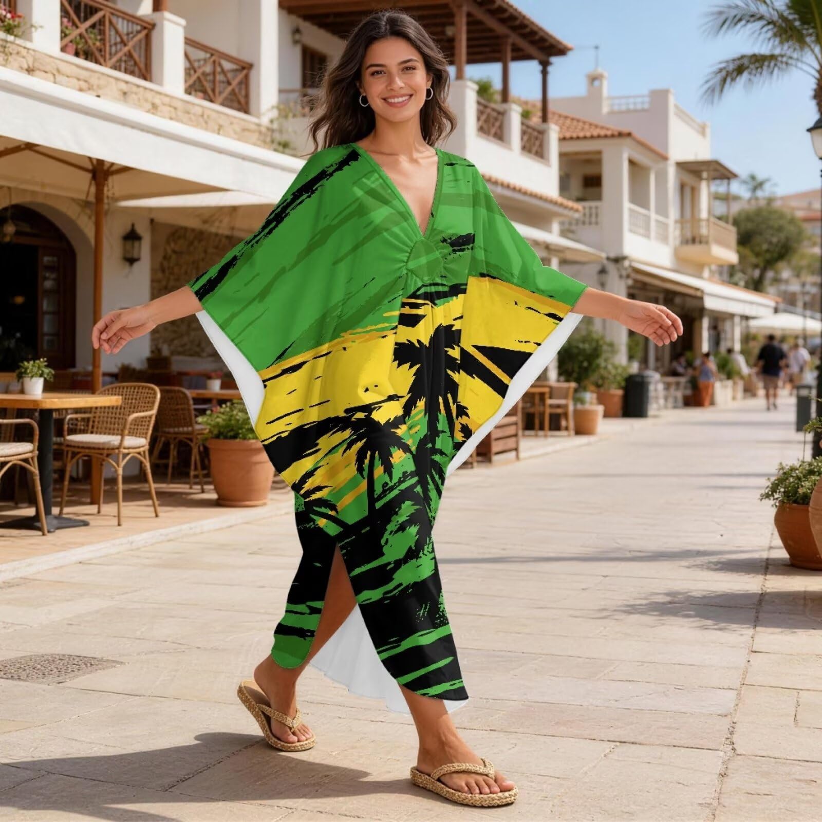 Xoenoiee Sukienki kaftan dla kobiet plus size dekolt w serek Moo Moos rękaw nietoperz kaftan sukienka plażowa okrycie