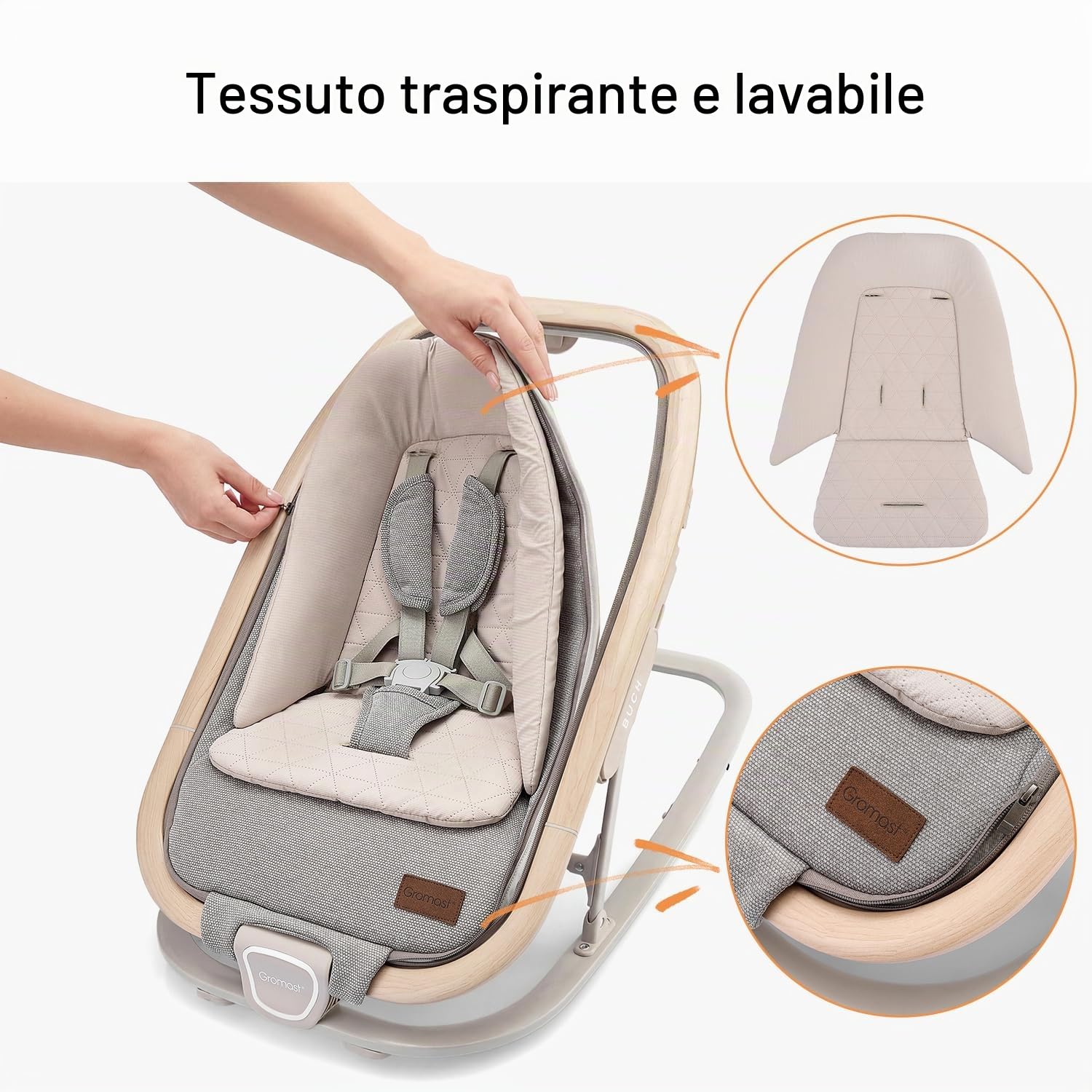 Gromast Sedia a dondolo 2 in 1 per neonati, dondolo portatile con 3 posizioni reclinabili, giocattoli da appendere e borsa da viaggio - Grigio chiaro