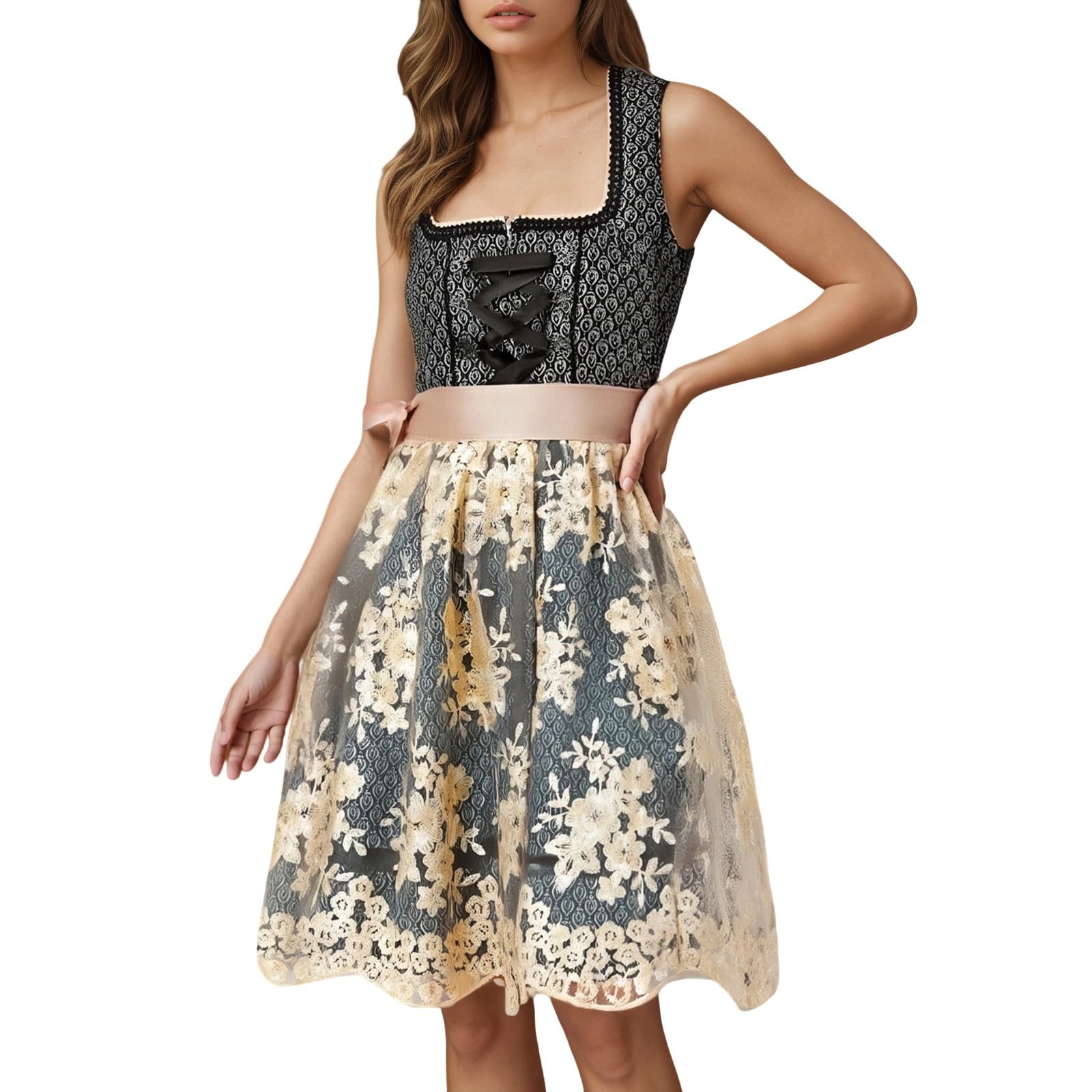 Generisch Dirndl Für Damen Traditionell Cosplay Dirndl Set Damen Komplett | Traditionelles Dirndl Set mit Schürze, dehnbares Material, elegantes Cosplay Kostüm, für Bierfeste und Mottopartys