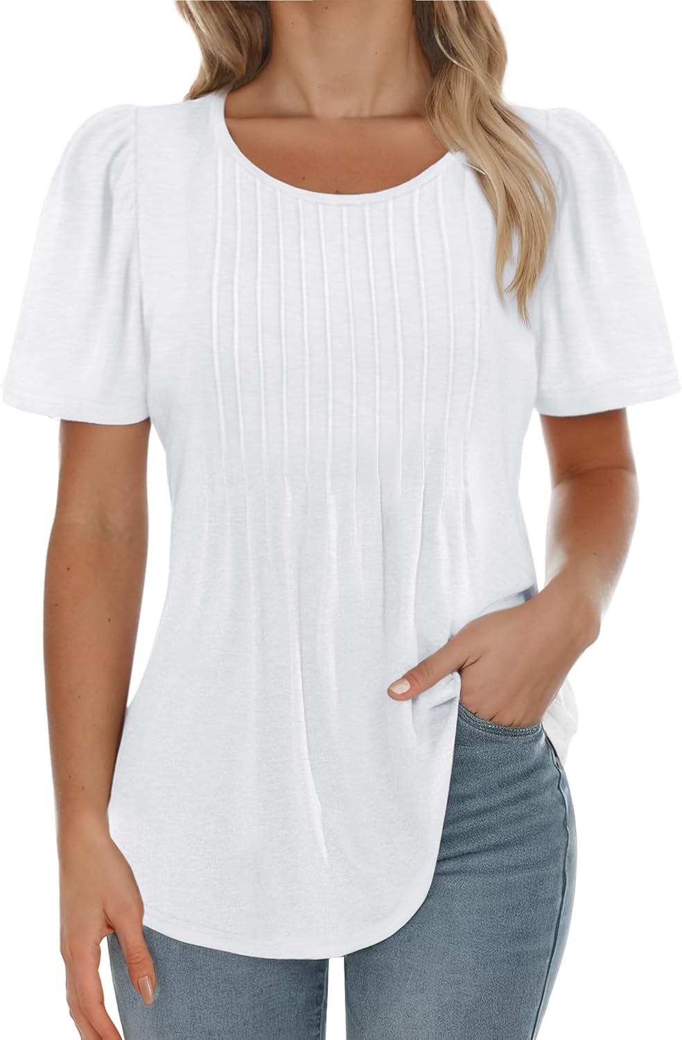 AURUZA Womens T Shirts, Short Sleeve Tops Dressy Casual Pleated Summer Shirts Scoop Neck Tshirts Tunic Tops Fashion