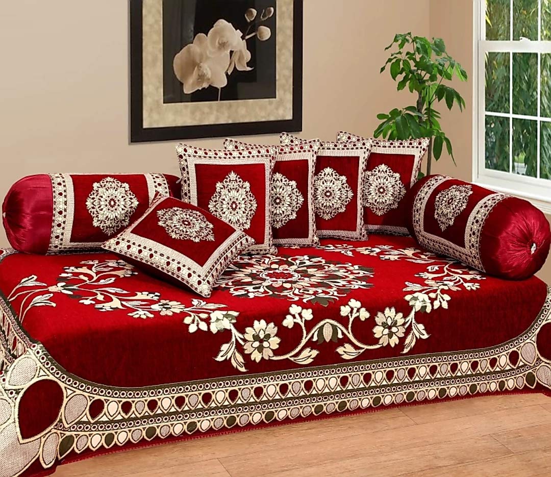 Fresh From Loom Velvet Floral 500 TC Diwan Set Red - 1 Single Bedsheet with 2 Bolster Covers and 5 Cushion Covers (8pc Set)-picture-15
