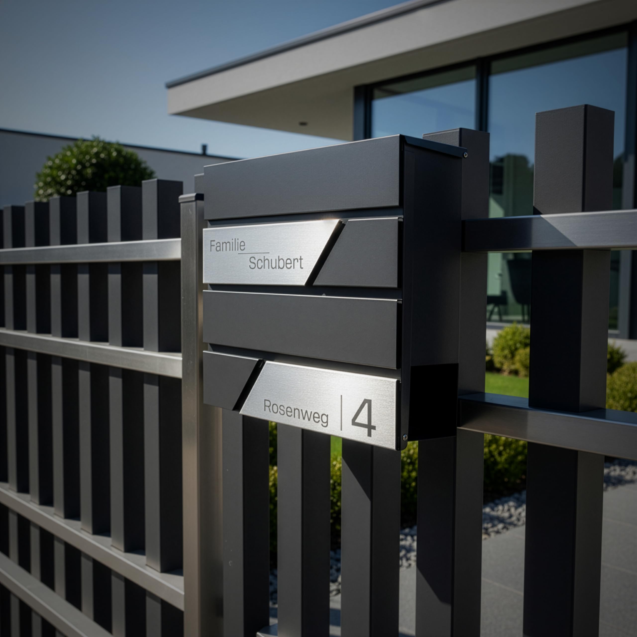 Grafner Premium Briefkasten personalisiert, RAL7016 mit Zeitungsfach und 2 Schlüssel, moderner Postkasten mit Name Straße Hausnummer, anthrazitgrau Wandbriefkasten graviert, mit Montagematerial