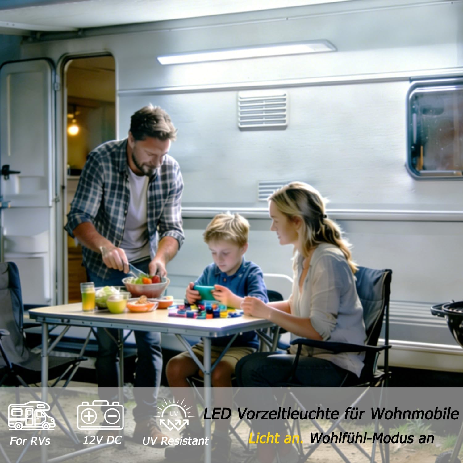 D-lite Wohnwagen Beleuchtung Außen, Vorzeltleuchte LED, 12V, 12W, Kaltweiß Licht 6000K, 800LM, IP66, 55CM LED Lichtleiste, Schwarz Aluminium, für Außenbereich, Wohnmobil, Camper, Caravan