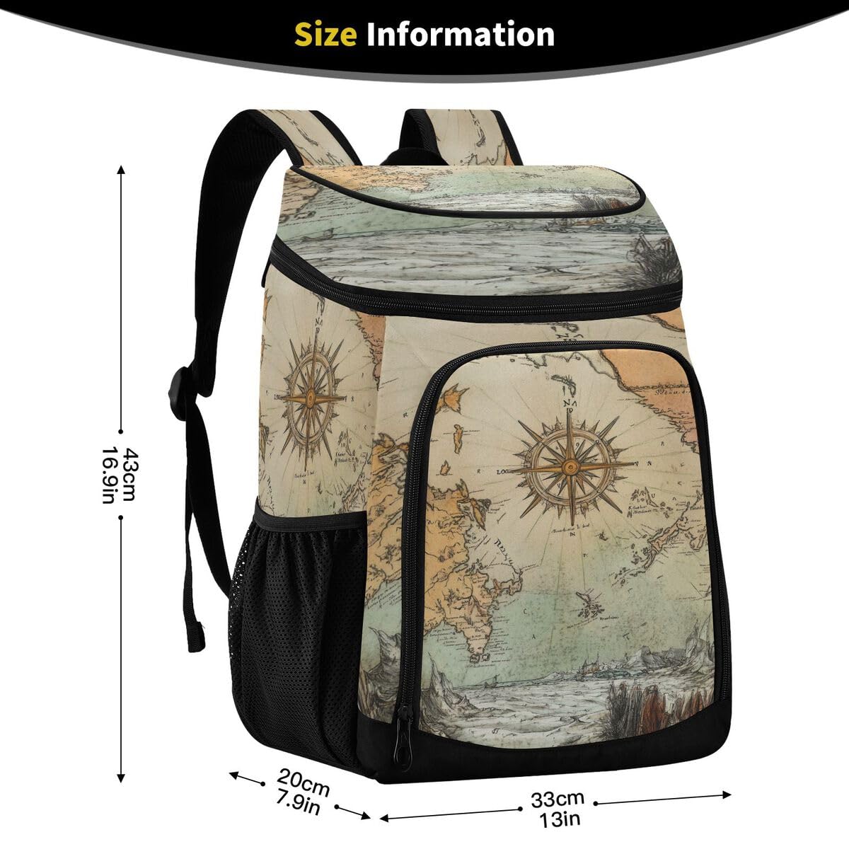 Compass Rose Map Beige Cooler Backpack Leakproof Insulated Lunch Cooler Bag 30 Cans Camping Backpacks for Beach Road Trip Picnic