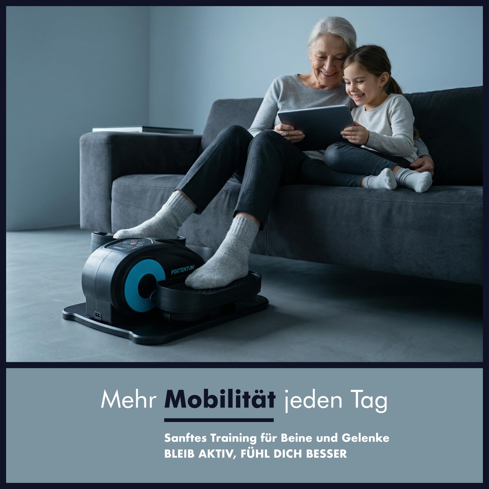 PORTENTUM Mini Ellipsentrainer für Zuhause mit Matte und Schlaufen – Neues Format 2026 kompakter – Pedaltrainer für Senioren automatisch und manuell 12 Geschwindigkeiten – Kompakt für Büro
