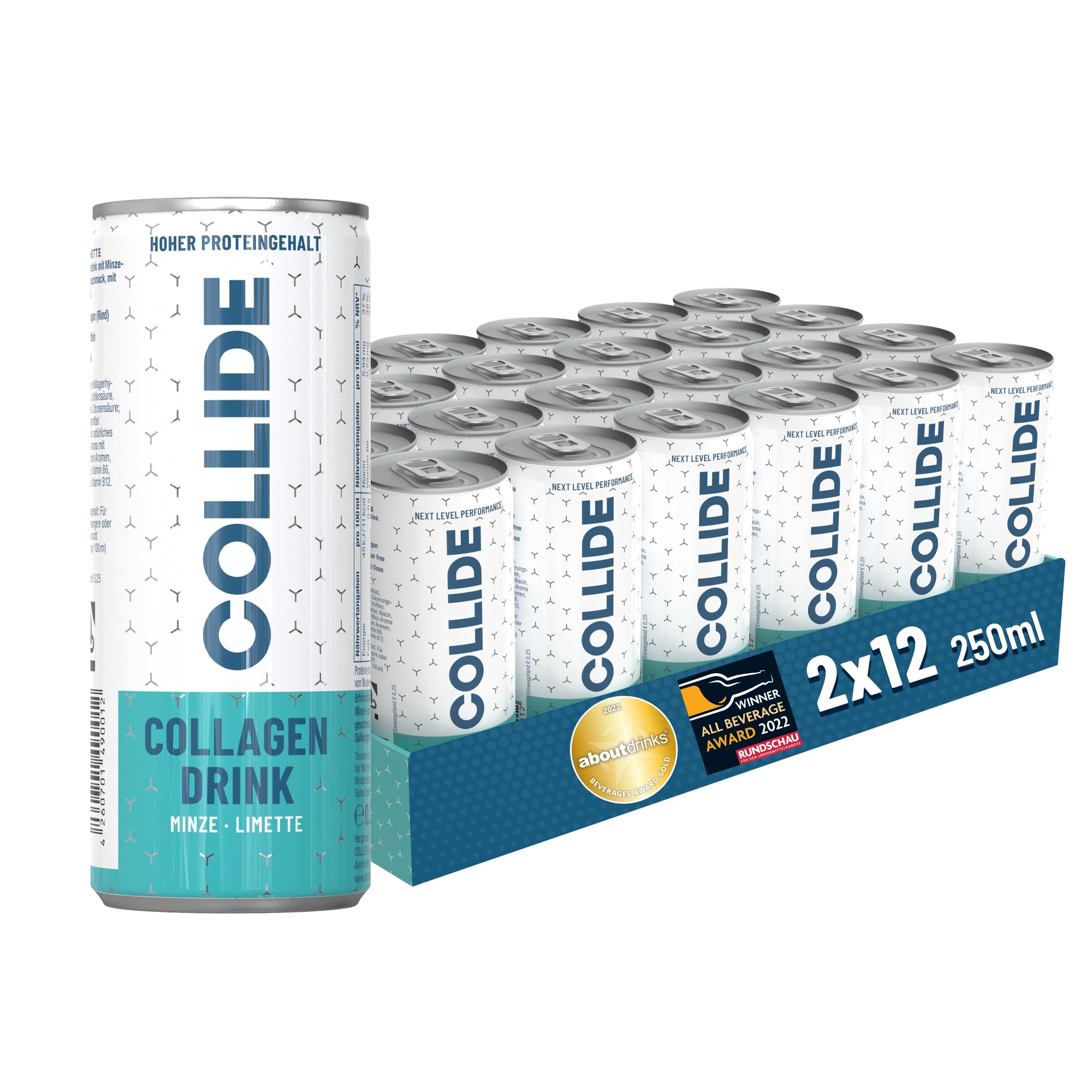 COLLIDE Kollagen Protein Drink – Minze-Limette - 2x 12x250ml - Zuckerfrei & High Protein - Mit Collagen Hydrolysat Peptiden, Vitamin B6 &12, Folsäure, Biotin & Koffein