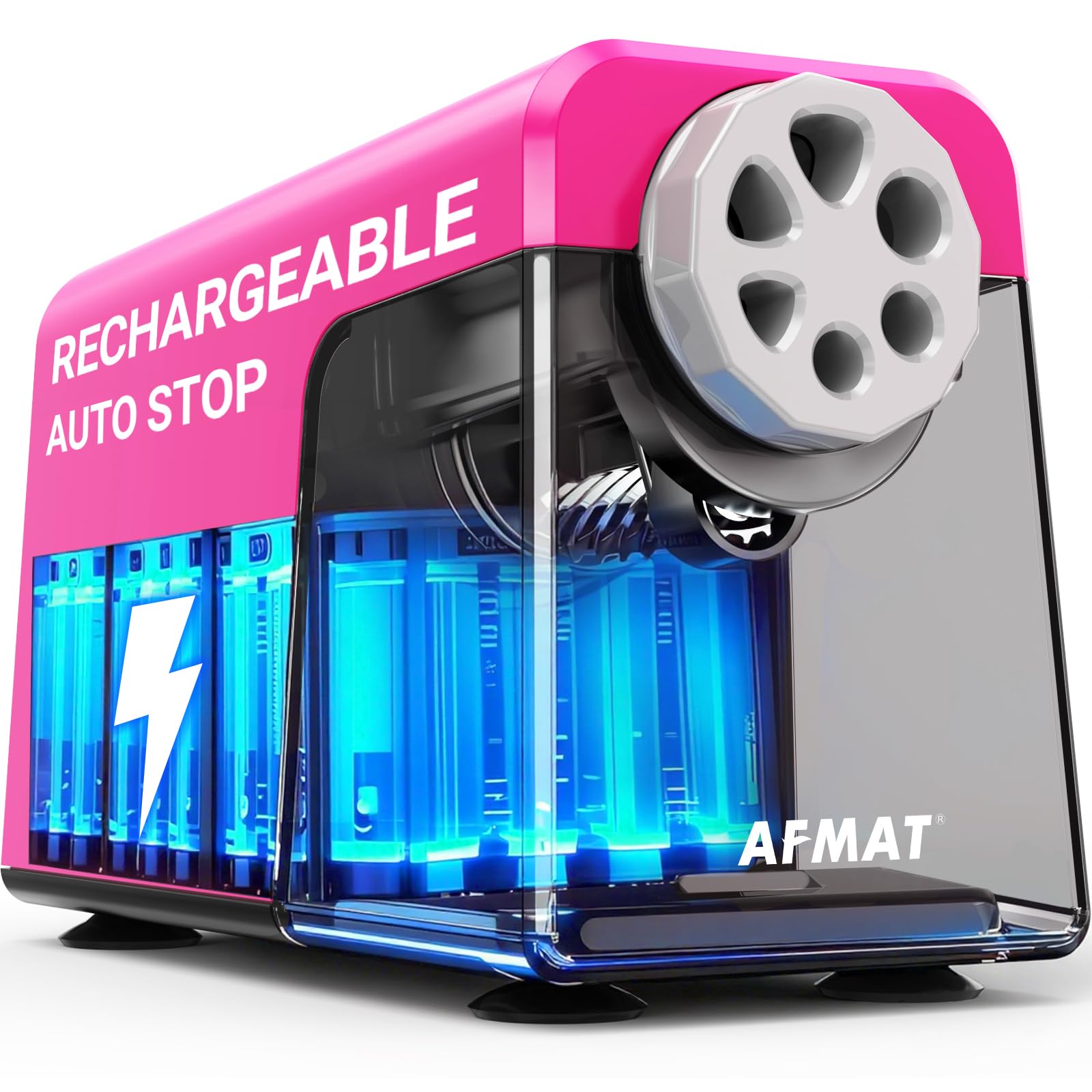 AFMAT Electric Pencil Sharpener Heavy Duty, 6 Holes, Rechargeable Pencil Sharpener with Container for Colored Pencils 6-11mm, Auto Stop,for School, Home, Classroom,Battery Operated,Pink PSD1