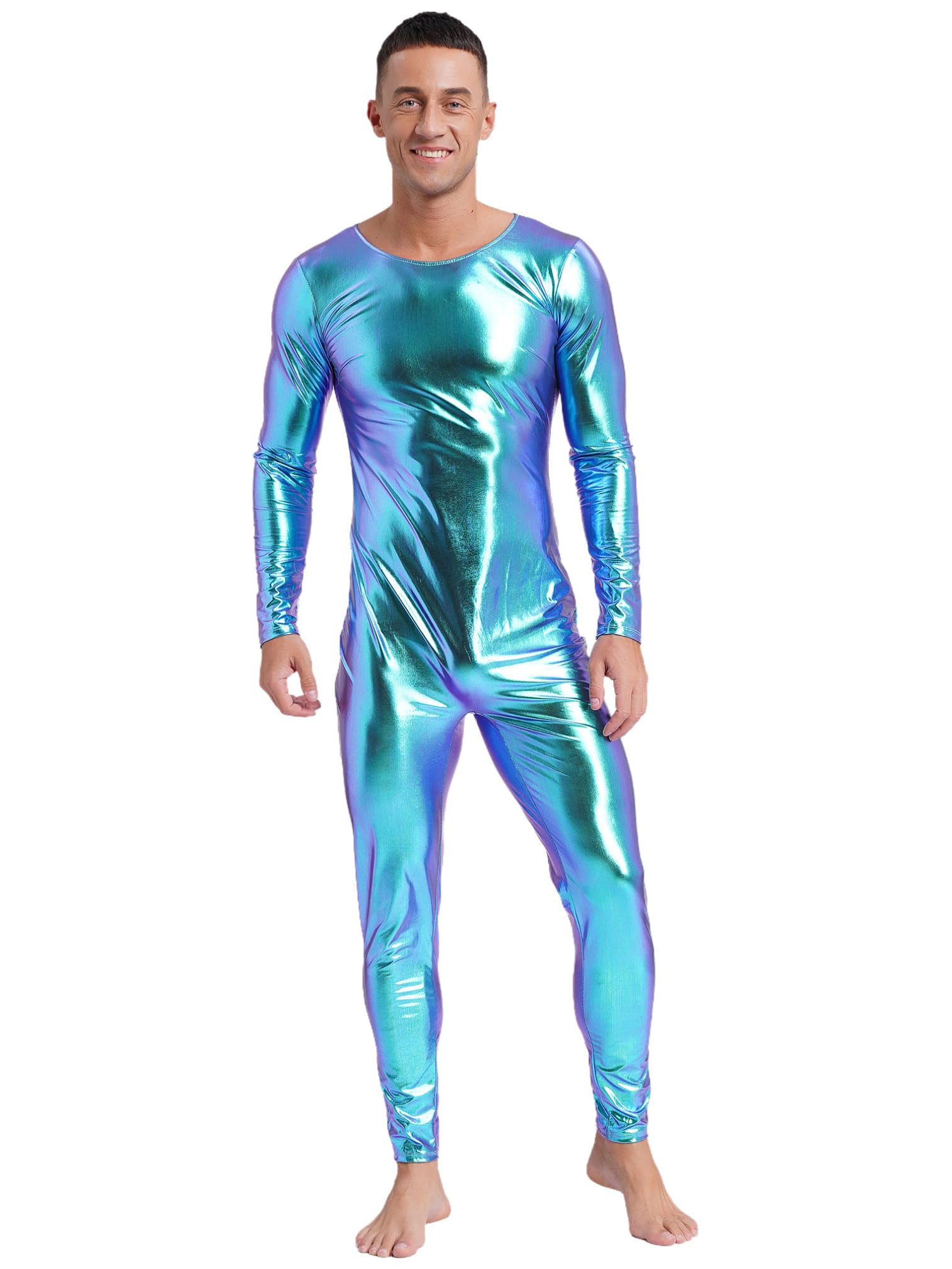 ranrann Homme Body Métallique Justaucorps Danse Manches Longues Combinaison Bodysuit Jumpsuit Unitard Clubwear