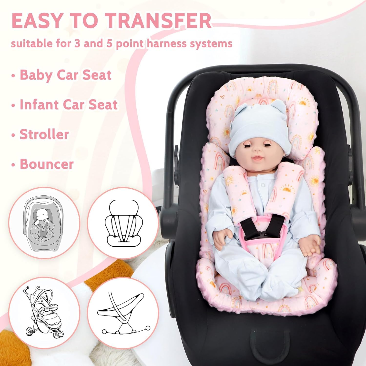TANOFAR Autositzeinlage und Gurtbezüge, sehr weiche Kopfstütze für Baby-Mädchen und Jungen, wendbares Autositz-Einsatzkissen, passend für Kinderwagen, Babyschaukel, Babyschaukel, Babywippe