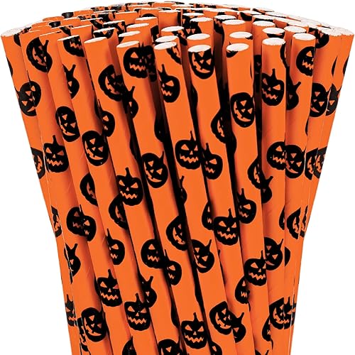 200 popotes de papel de Halloween con expresiones de calabaza naranja y negra, pajitas decorativas divertidas para fiestas, a granel para jugos,