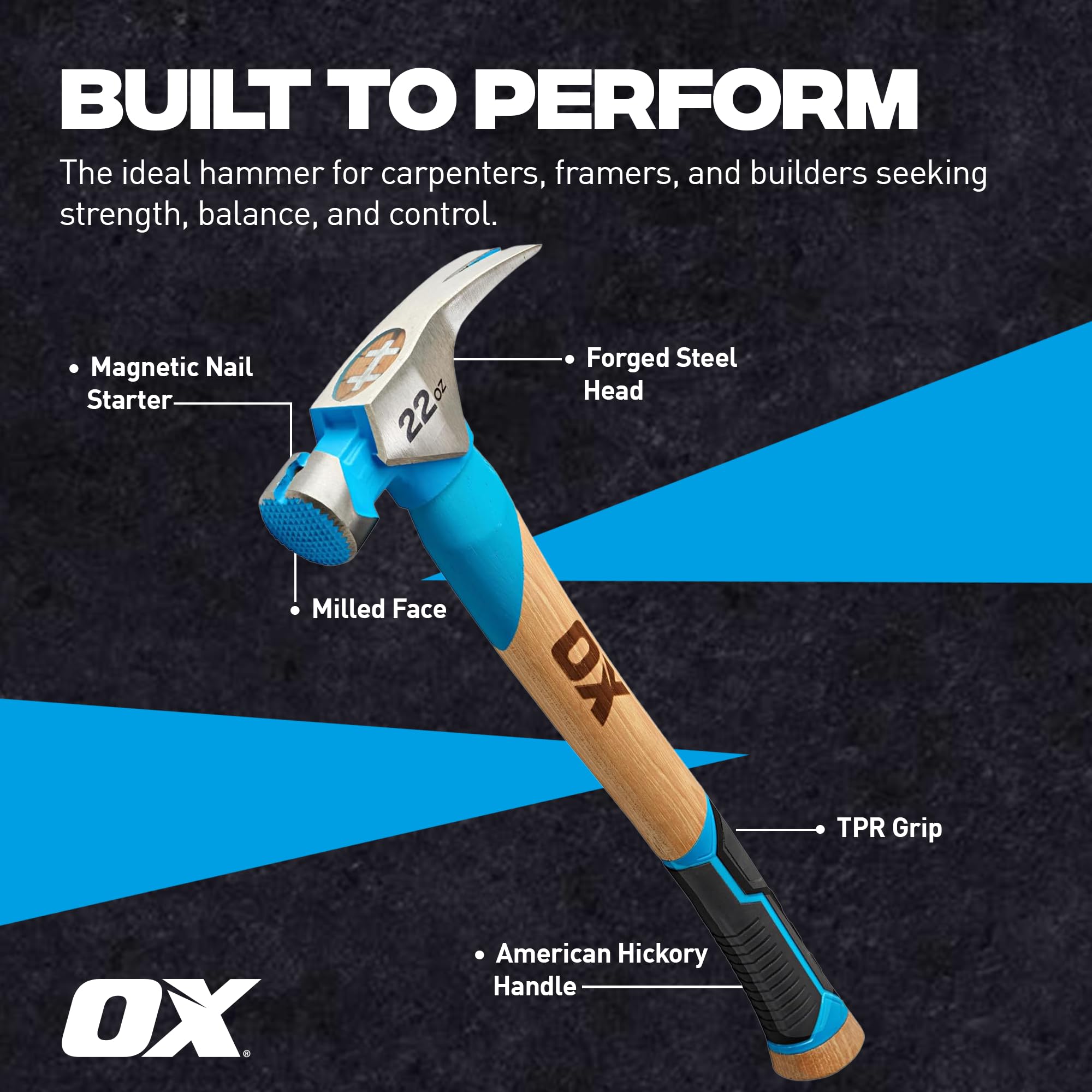 OX Tools Pro - Martello da falegname con testa zigrinata, manico dritto in noce americano, impugnatura in TPR e avviatore magnetico per chiodi