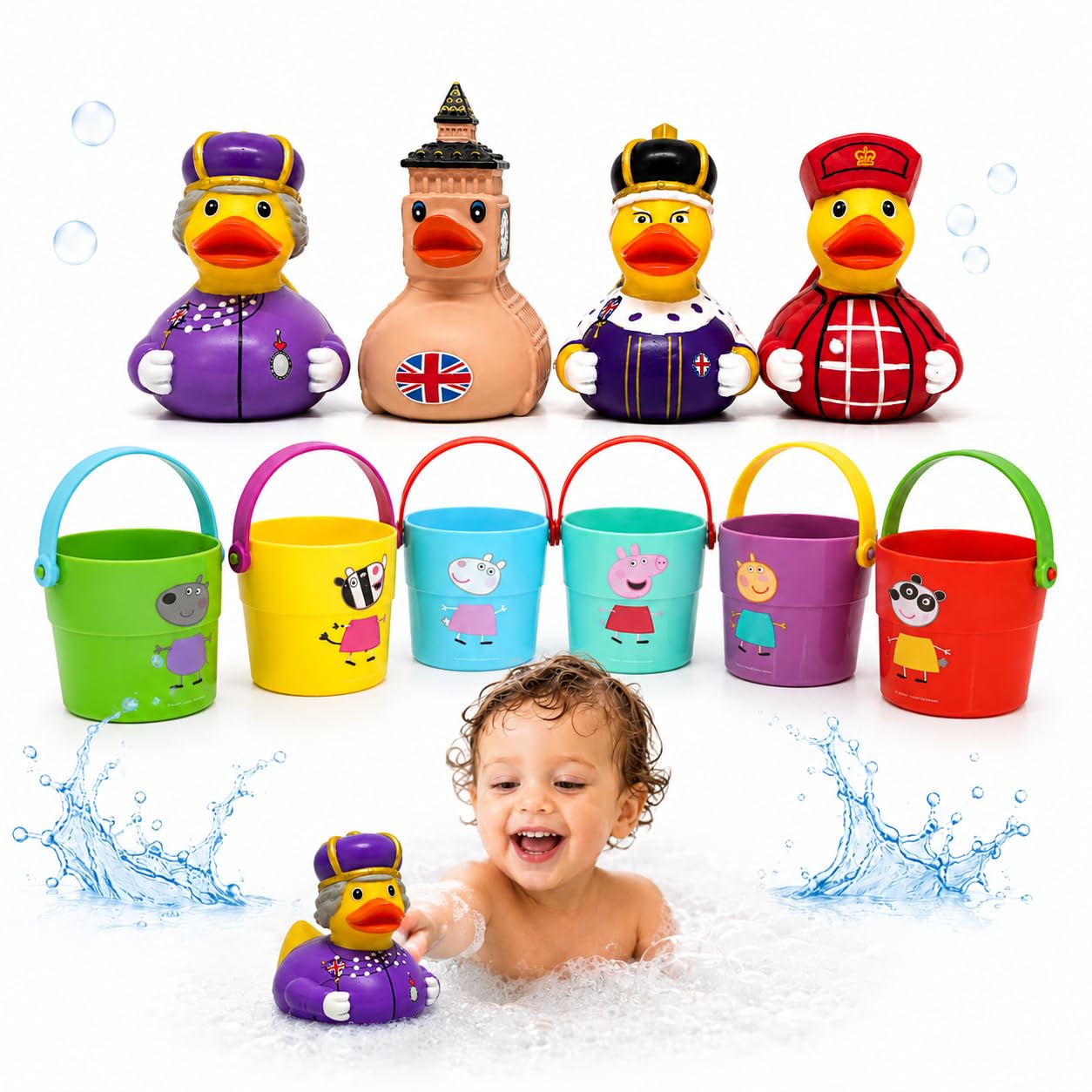 10Pcs Kids Bath Toy Set, British London Bath Ducks with Stackable Baby Bath Cups, Water & Sand Play Toys for Toddlers, Party Bag Fillers, Christmas Birthday Gifts