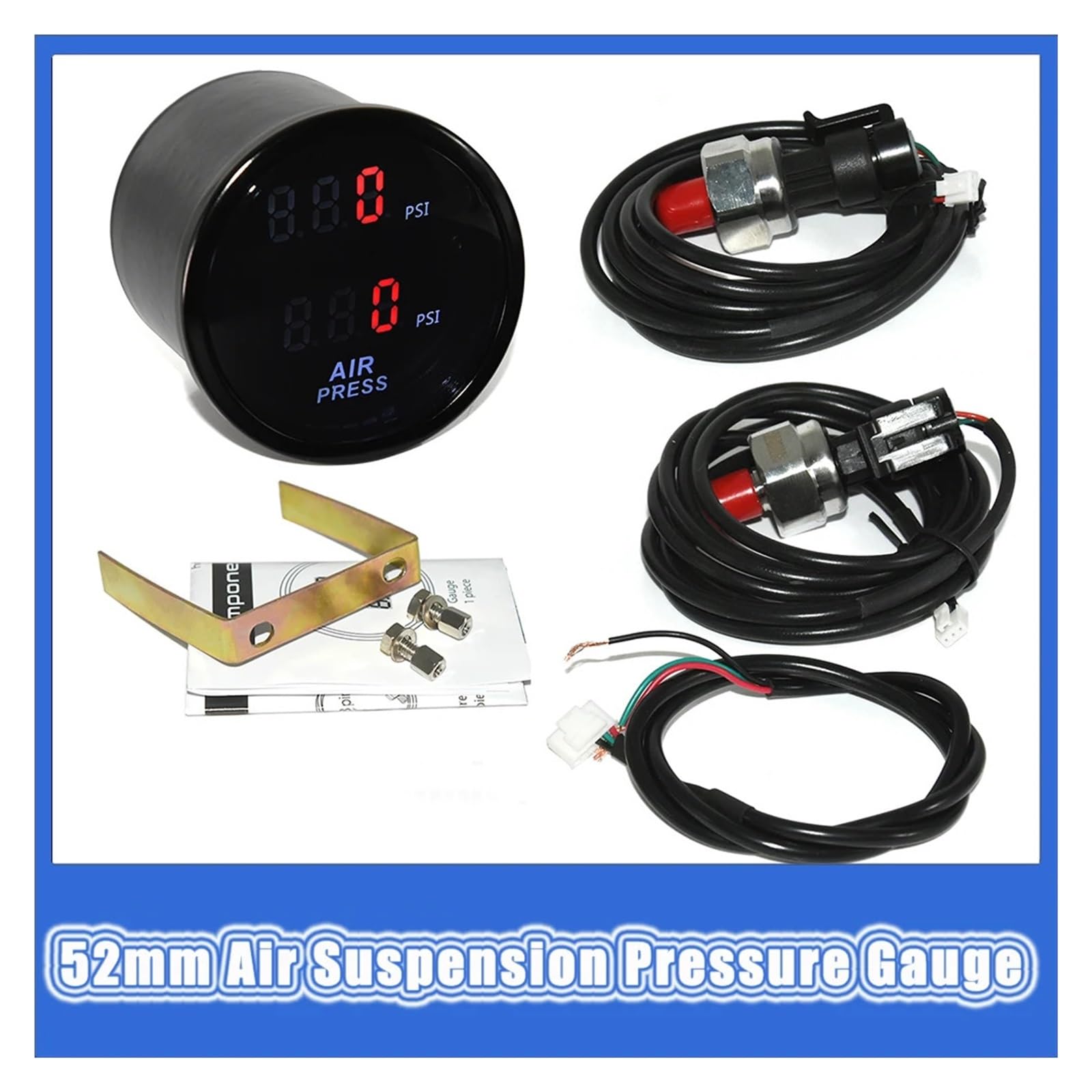 Manómetro, Medidor de presión de aire dual Lectura dual digital de 52 mm, Suspensión neumática PSI de lectura dual digital con sensores eléctricos de 2 piezas | Bar Red