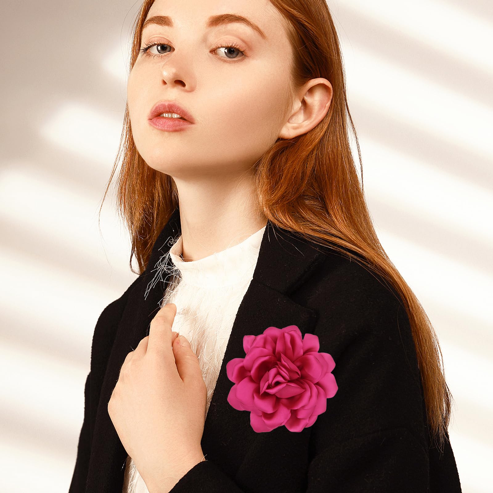 Lot de 3 broches en forme de fleur de rose en satin, 12 cm, couleur unie, fabriquée à la main, accessoire de costume (rouge, noir et blanc)