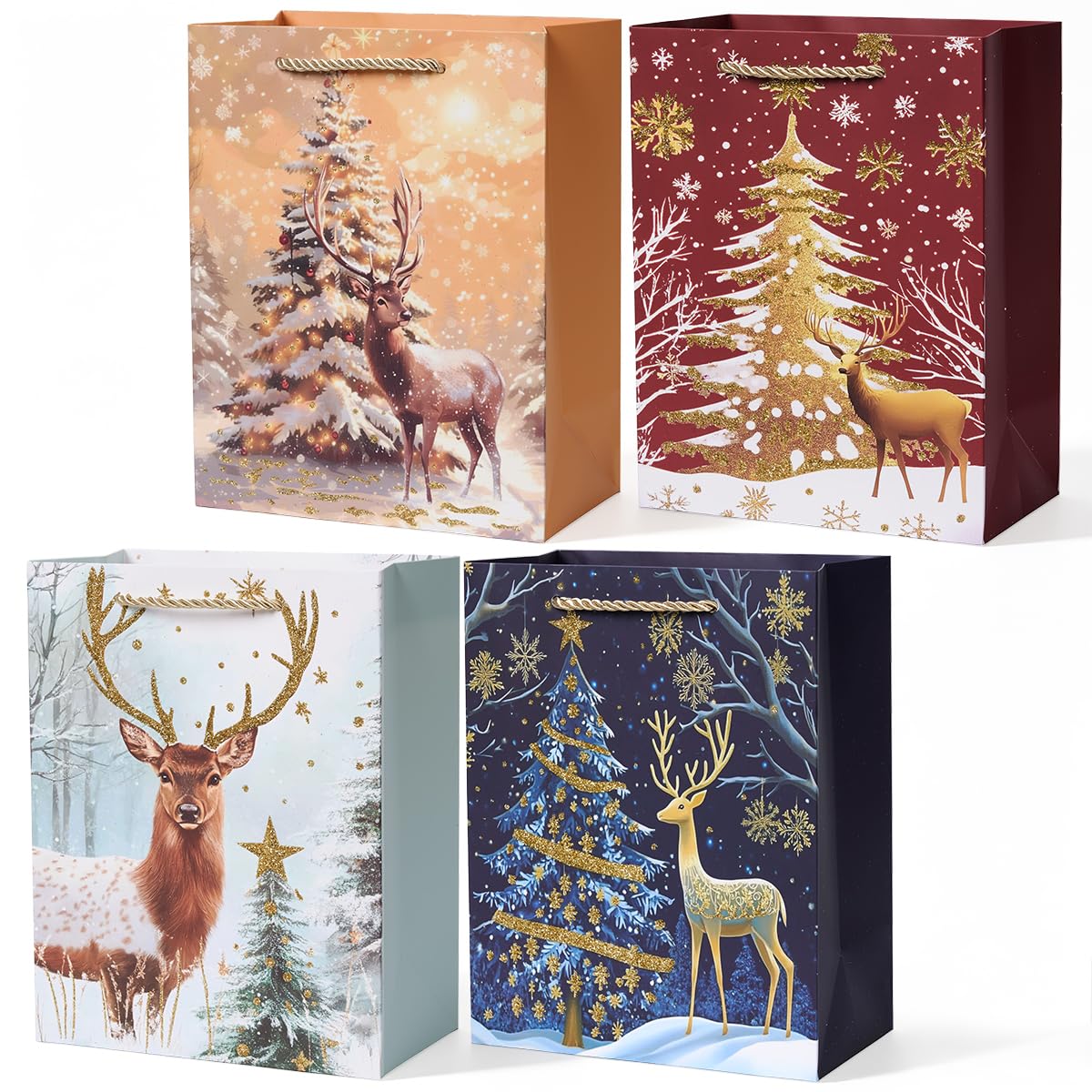 Christmas Paper Gift Bags with Handles, 4pcs Medium Candy Bags Print with Elk for Christmas Party Supplies Gift Wrapping