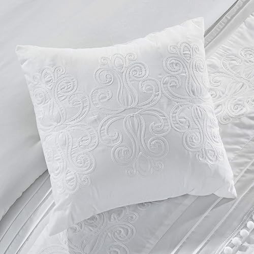 Miniatura 7 de Chezmoi Collection Grace - Juego de edredón de 7 piezas de felpilla bordada con pompones, diseño floral blanco a rayas, tamaño California King