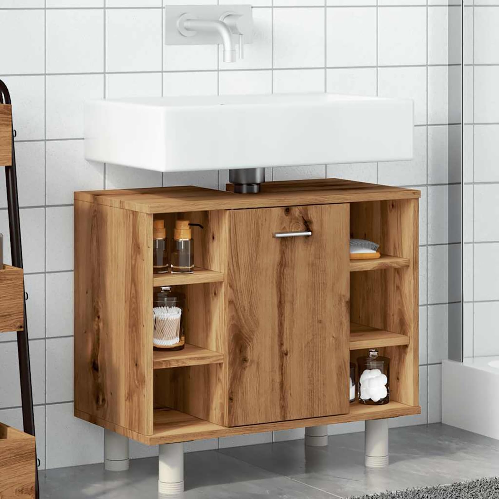 ATOMSTACK MAKER Mueble de baño Artisan, roble 60 x 32 x 53,5 cm, con 7 compartimentos y puerta, resistente a la humedad, armario de madera para un almacenamiento ordenado del baño, incluye soporte de