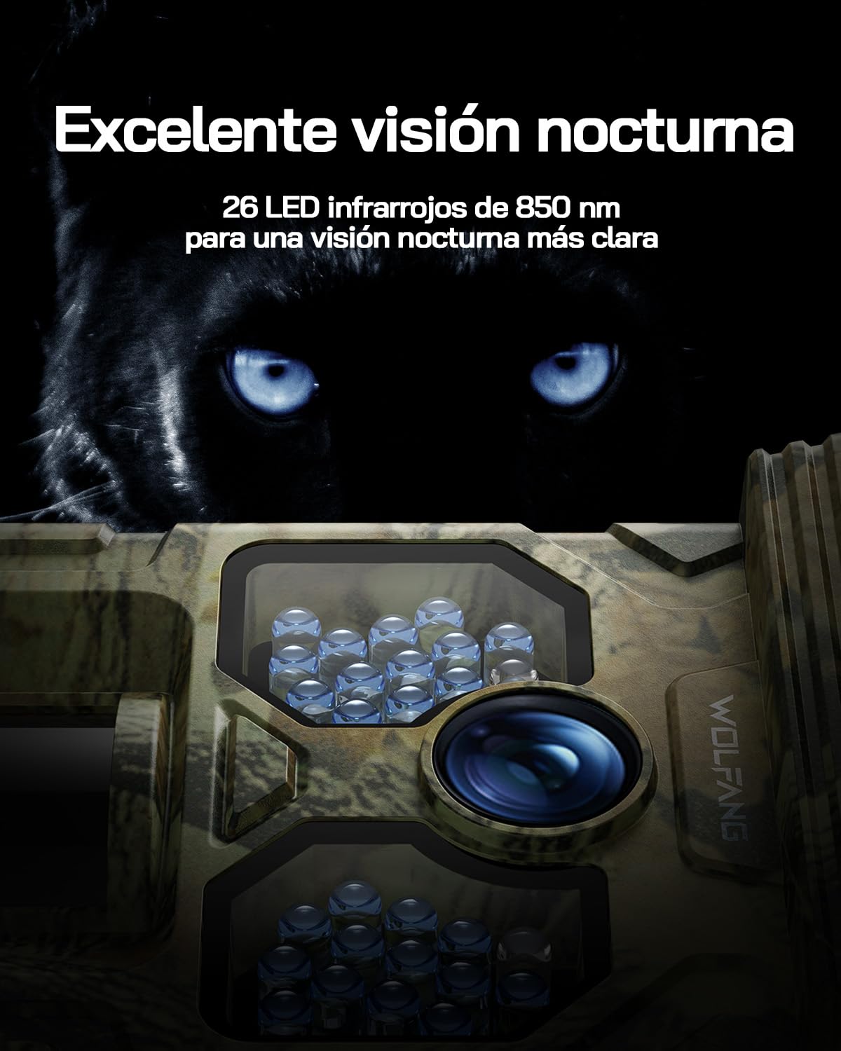 WOLFANG Cámara de Caza Solar 4K 48MP, Camara Fototrampeo con Visión Nocturna, Disparo de 0.1 s, IP66 Impermeable, Camara Caza para Monitoreo de Vida Silvestre con Tarjeta Micro SD 32GB