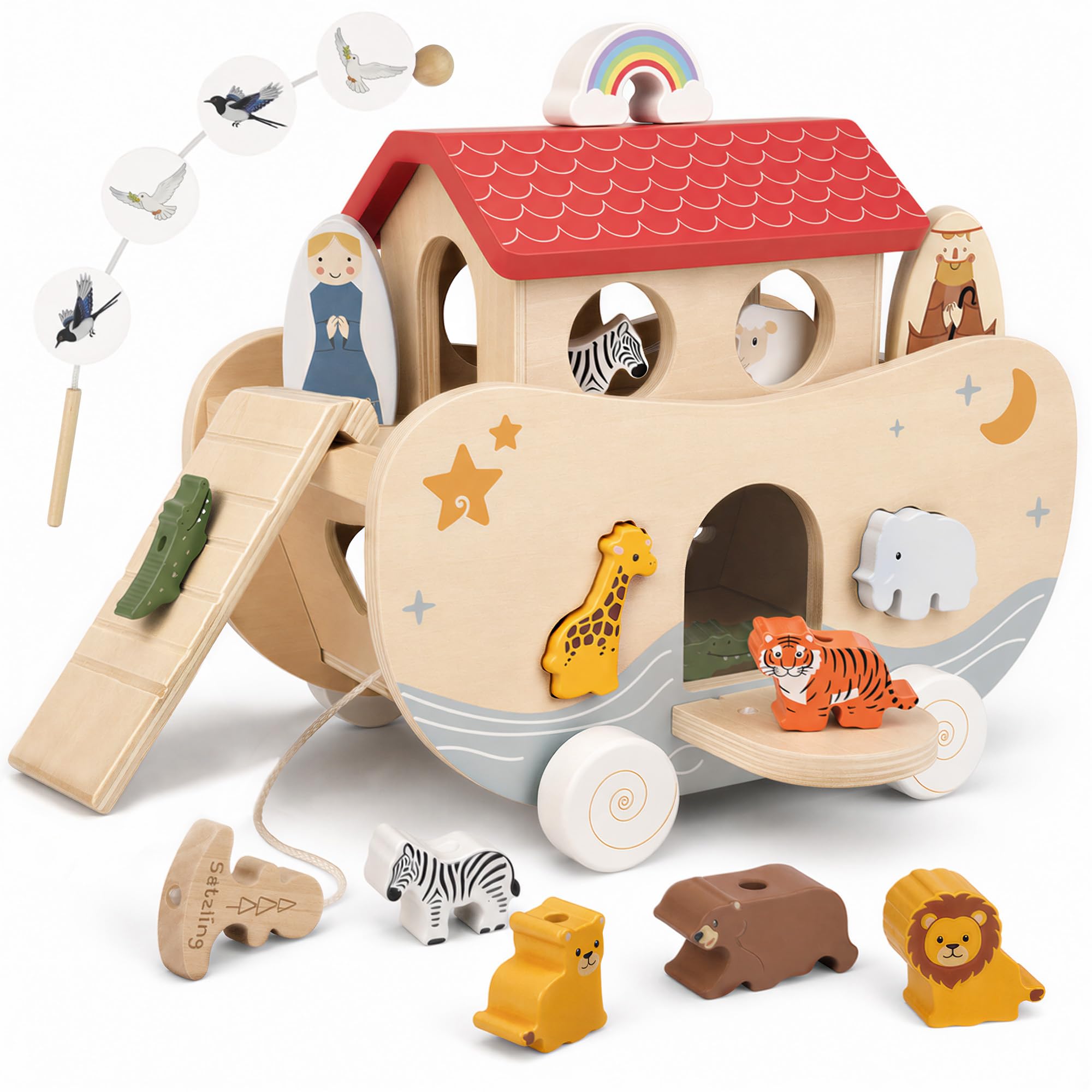 Arca di Noè in legno, giocattolo Montessori e regalo per battesimo | Adorabile regalo per battesimo: l'arca di Noè in legno con 10 coppie di animali, idee di gioco versatili e arcobaleno